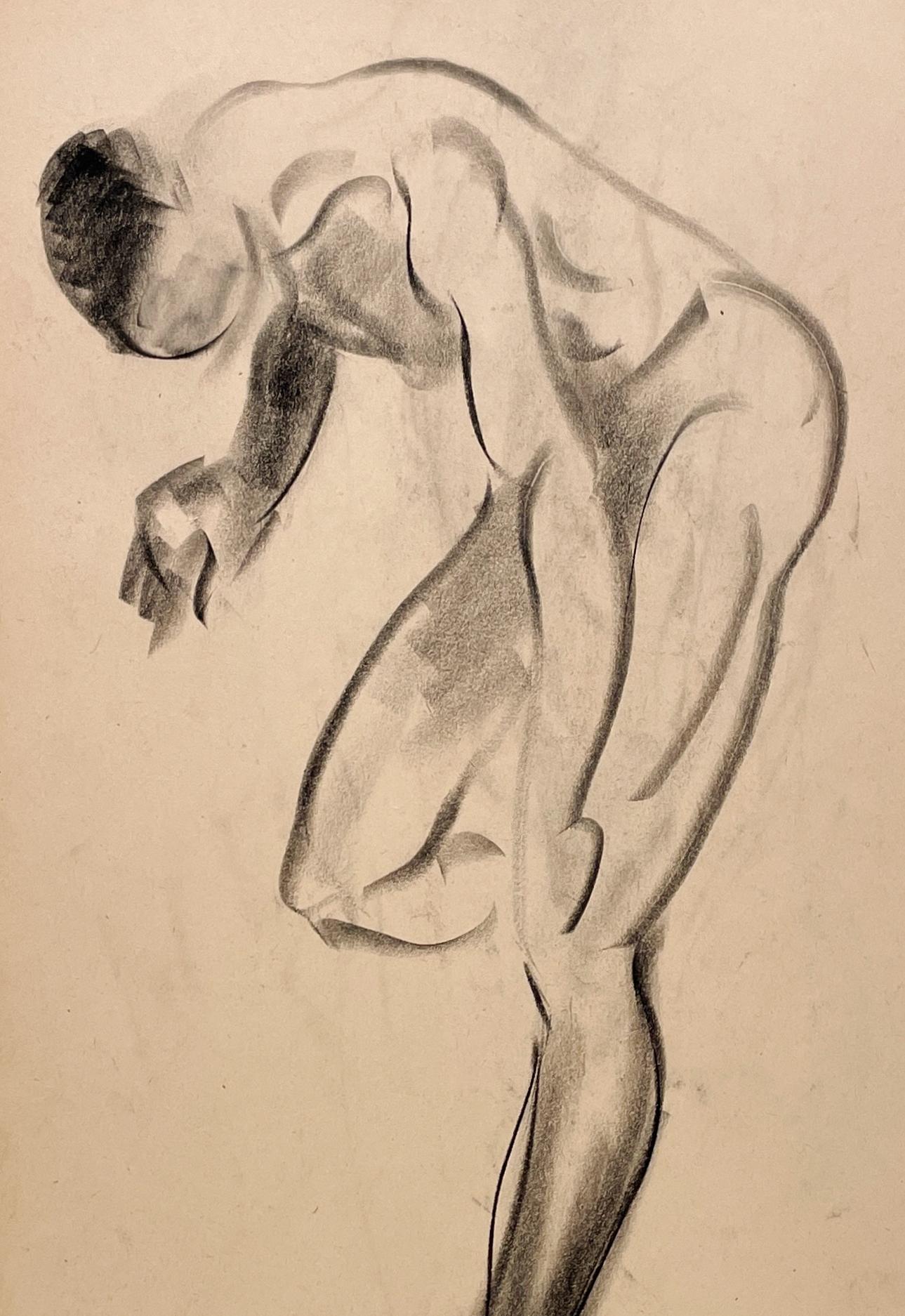 Beau dessin d'étude de figure académique moderne des années 1930 d'un modèle masculin nu debout par le célèbre artiste de Chicago, Harold Haydon (Am. 1909-1994).  Un dessin au fusain exceptionnellement bien exécuté de Haydon, datant du début des
