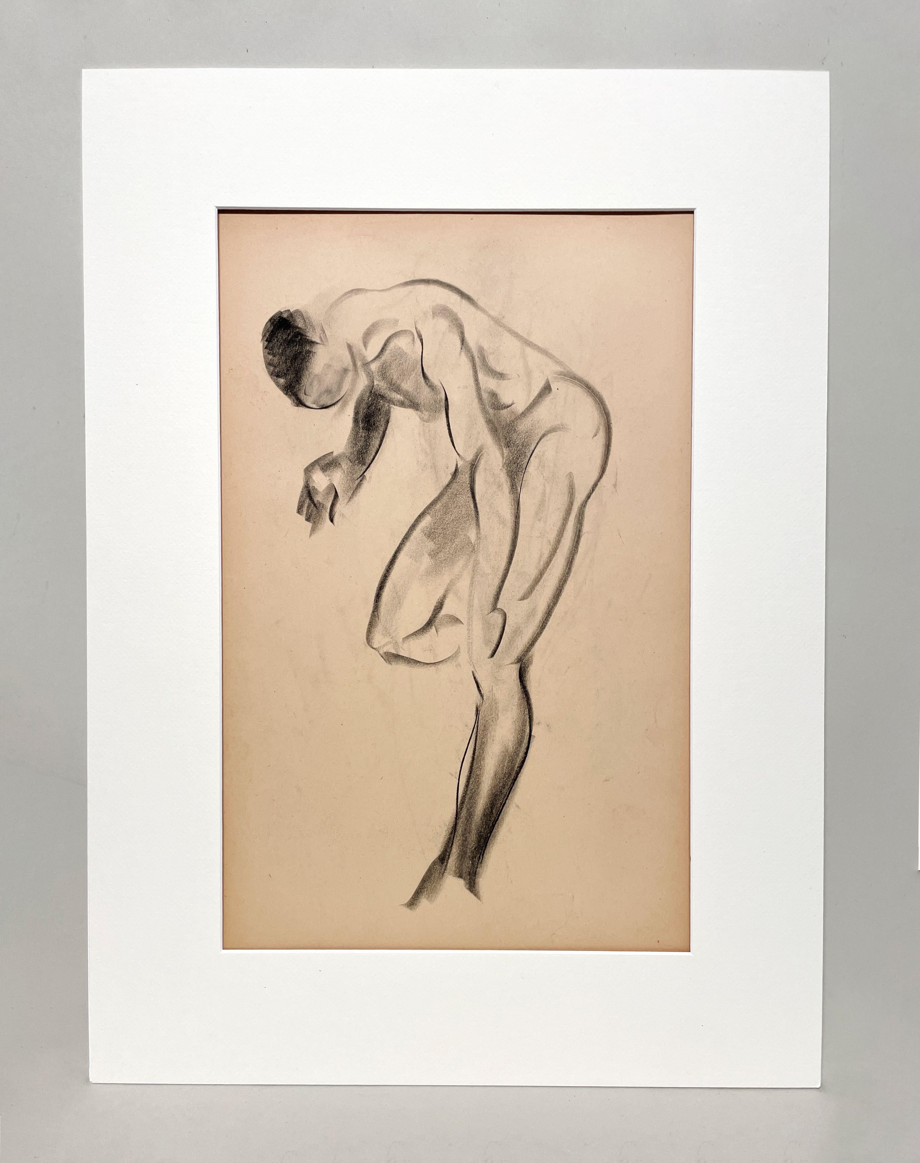 Dessin d'étude de figure académique moderne des années 1930 d'un modèle masculin nu debout - Art de Harold Haydon