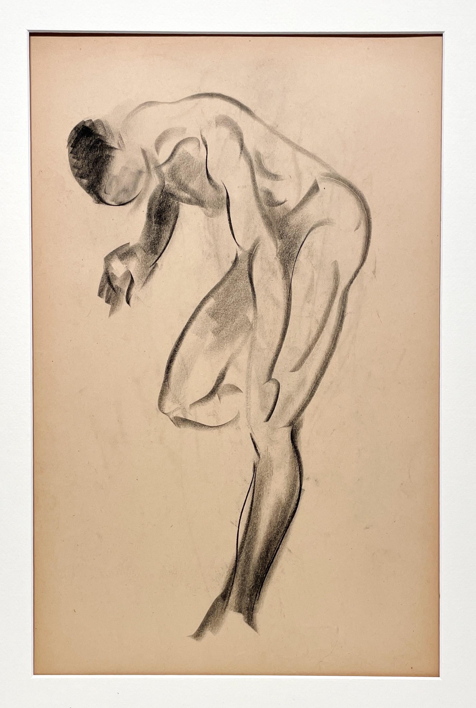 Dessin d'étude de figure académique moderne des années 1930 d'un modèle masculin nu debout - Modernisme américain Art par Harold Haydon