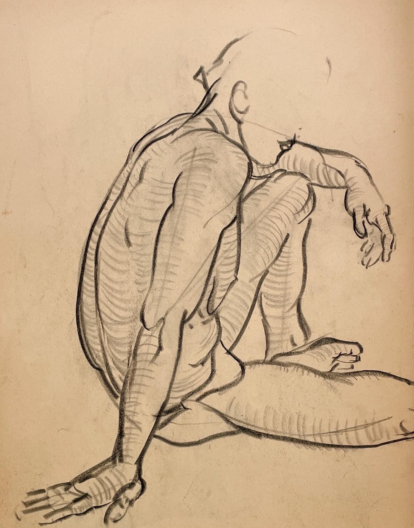 Un beau dessin d'étude de figure académique moderne des années 1930 d'un modèle masculin nu assis par le célèbre artiste de Chicago, Harold Haydon (Am. 1909-1994).  Un dessin au fusain exceptionnellement bien exécuté de Haydon, datant du début des