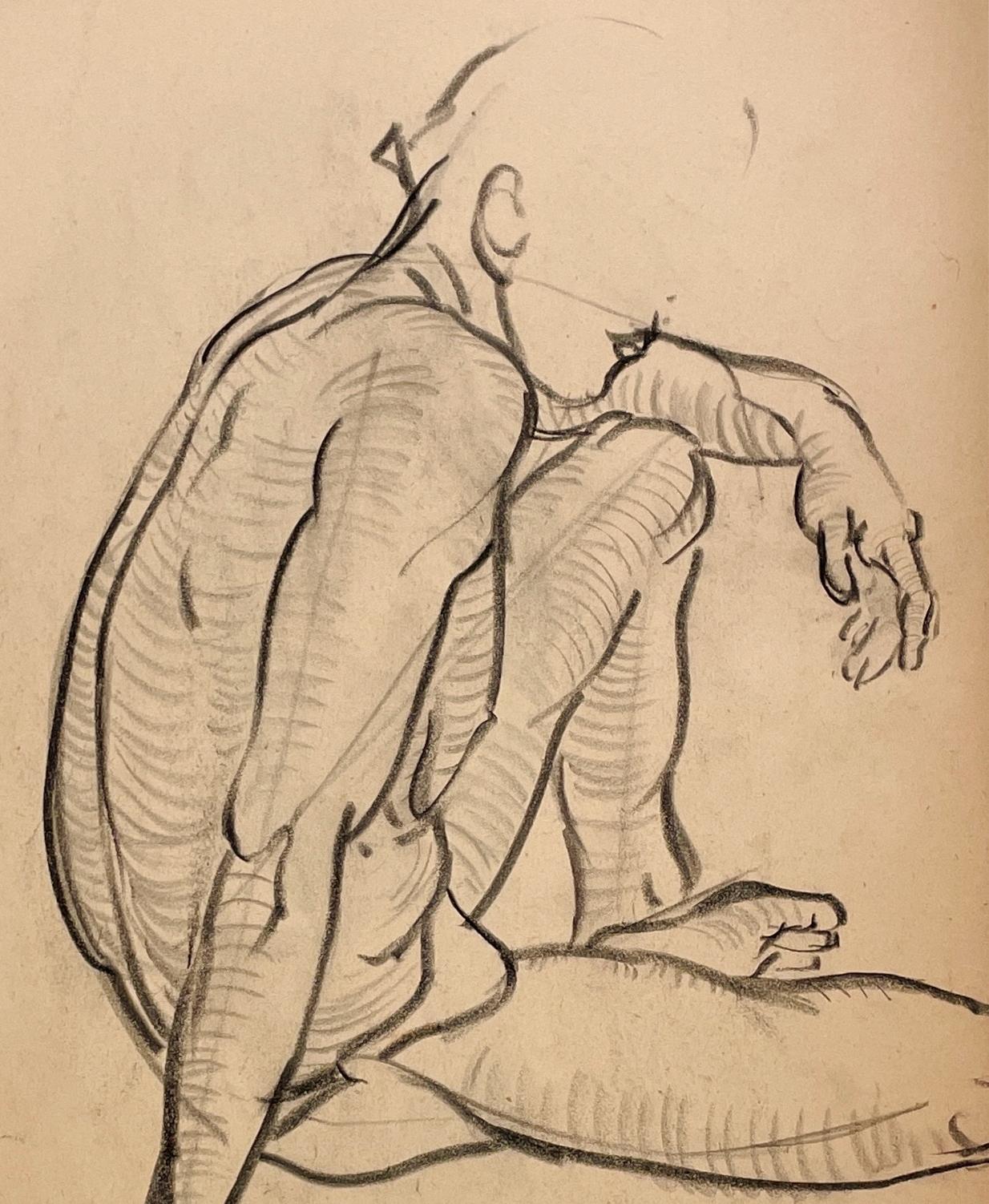 Dessin d'étude de figure académique moderne des années 1930 représentant un modèle No No assis. en vente 1