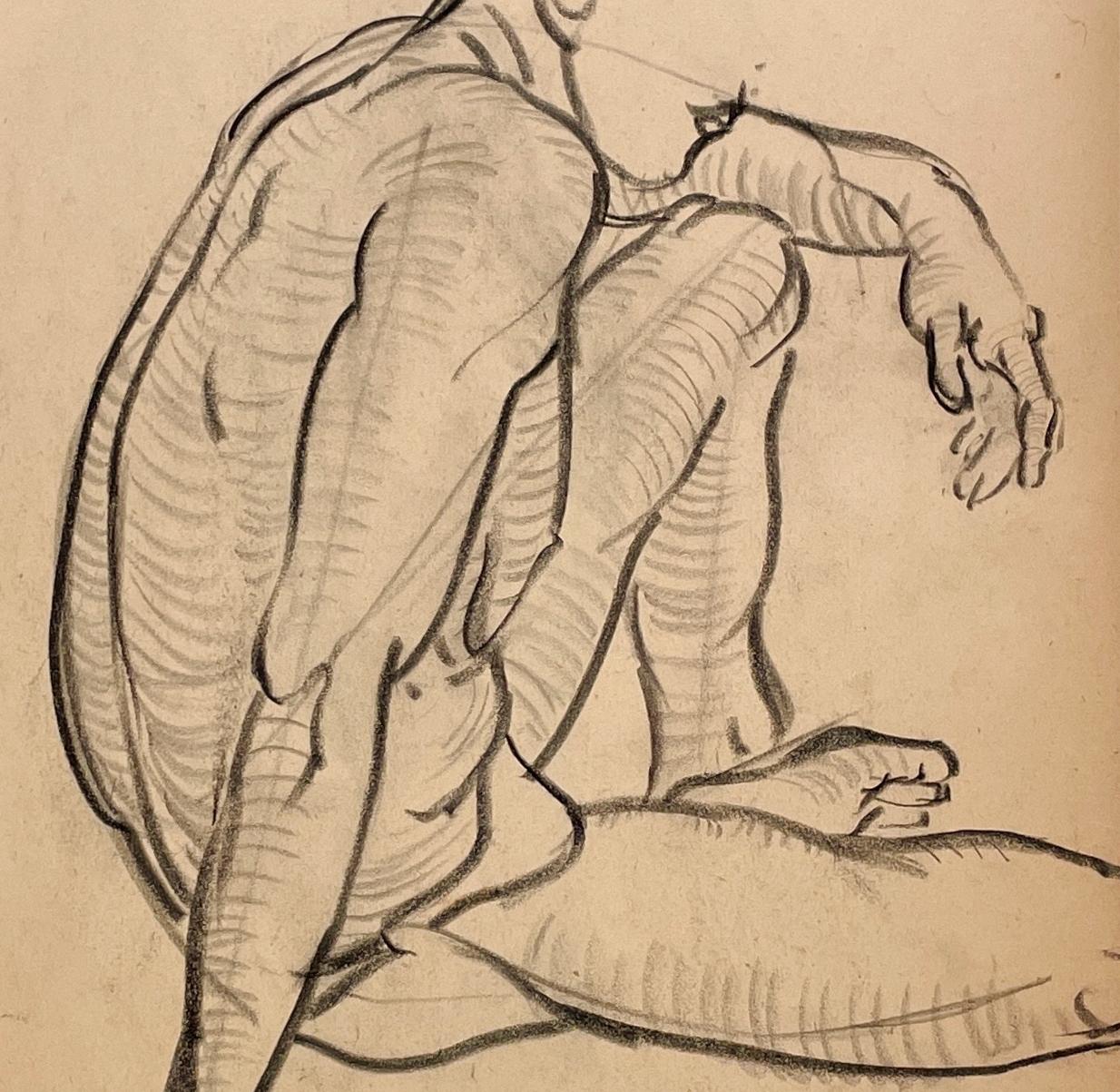 Dessin d'étude de figure académique moderne des années 1930 représentant un modèle No No assis. en vente 2