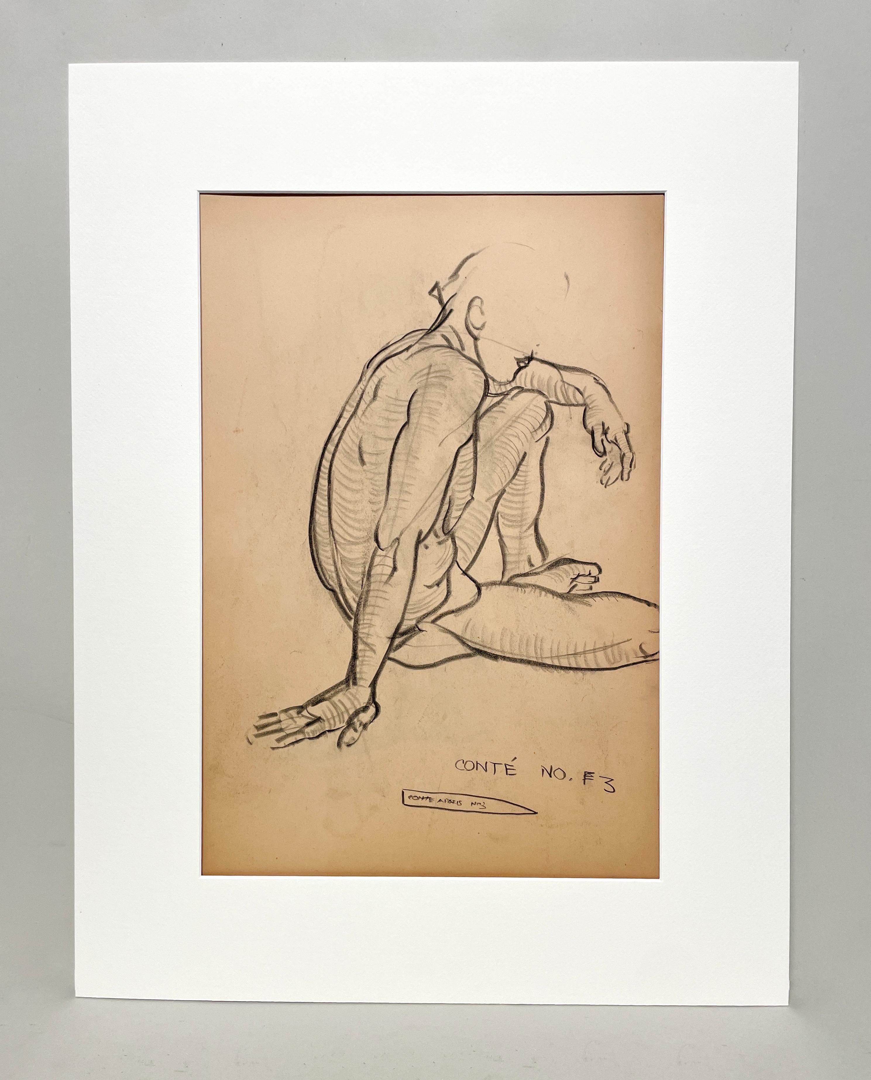 Dessin d'étude de figure académique moderne des années 1930 représentant un modèle No No assis. - Art de Harold Haydon