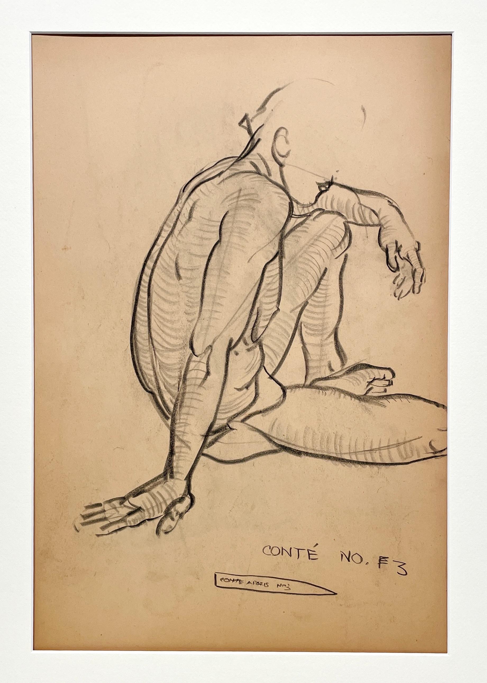 Dessin d'étude de figure académique moderne des années 1930 représentant un modèle No No assis. - Modernisme américain Art par Harold Haydon