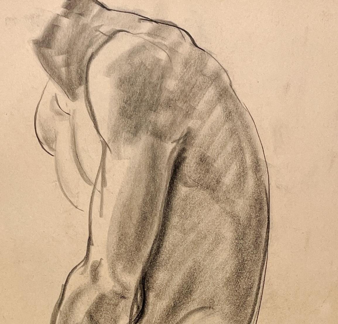 Dessin d'étude de figure académique moderne des années 1930 d'un modèle masculin nu debout en vente 1