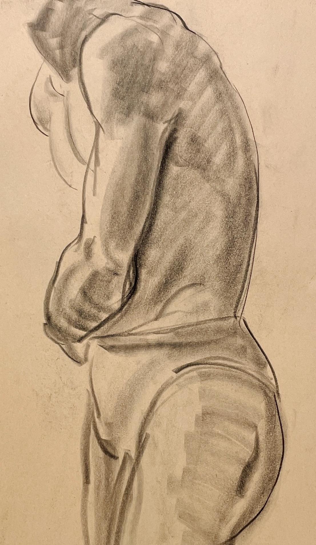 Dessin d'étude de figure académique moderne des années 1930 d'un modèle masculin nu debout en vente 2