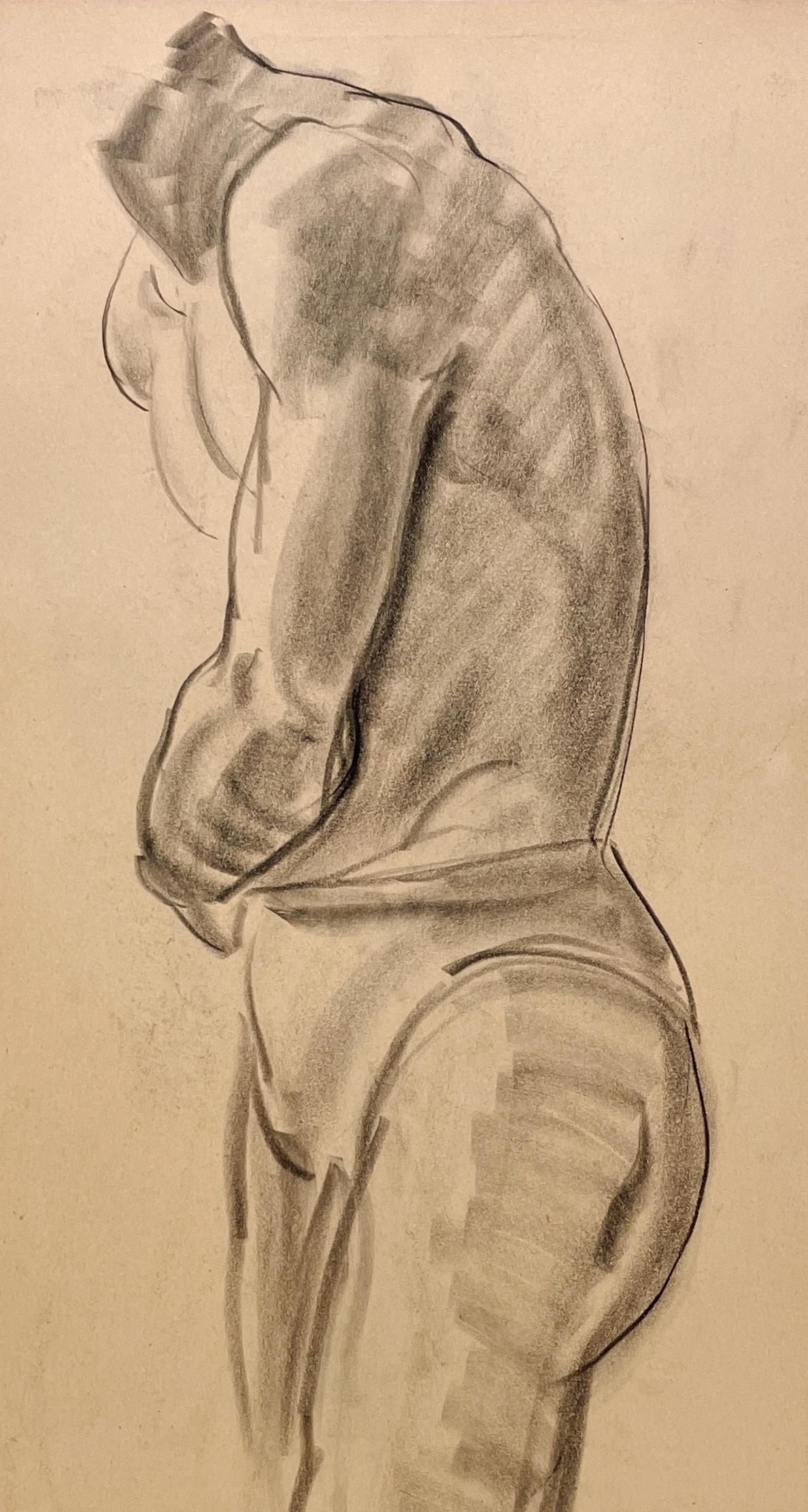Beau dessin d'étude de figure académique moderne des années 1930 d'un modèle masculin nu debout par le célèbre artiste de Chicago, Harold Haydon (Am. 1909-1994).  Un dessin au fusain exceptionnellement bien exécuté de Haydon, datant du début des