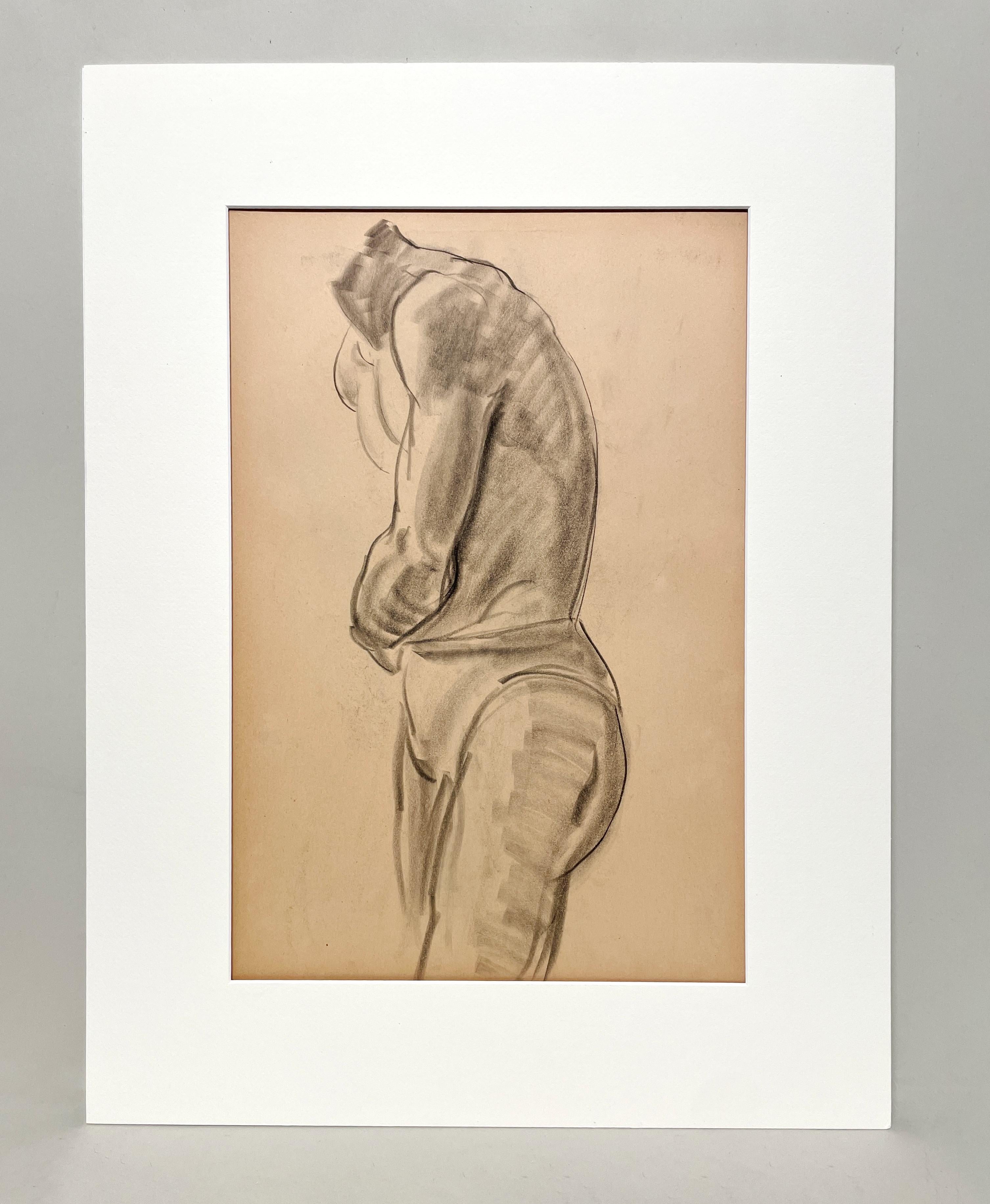Dessin d'étude de figure académique moderne des années 1930 d'un modèle masculin nu debout - Art de Harold Haydon