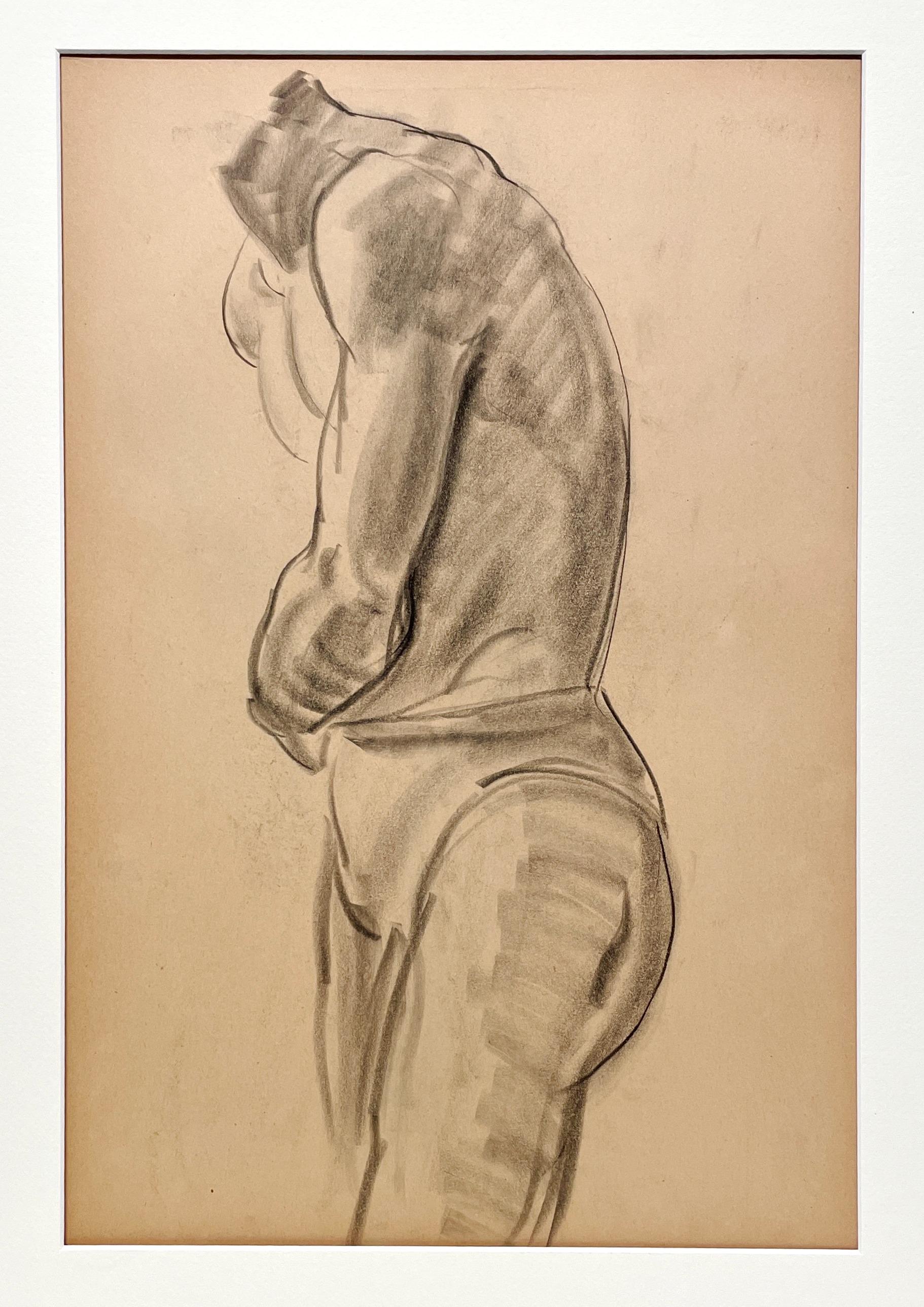 Dessin d'étude de figure académique moderne des années 1930 d'un modèle masculin nu debout - Modernisme américain Art par Harold Haydon