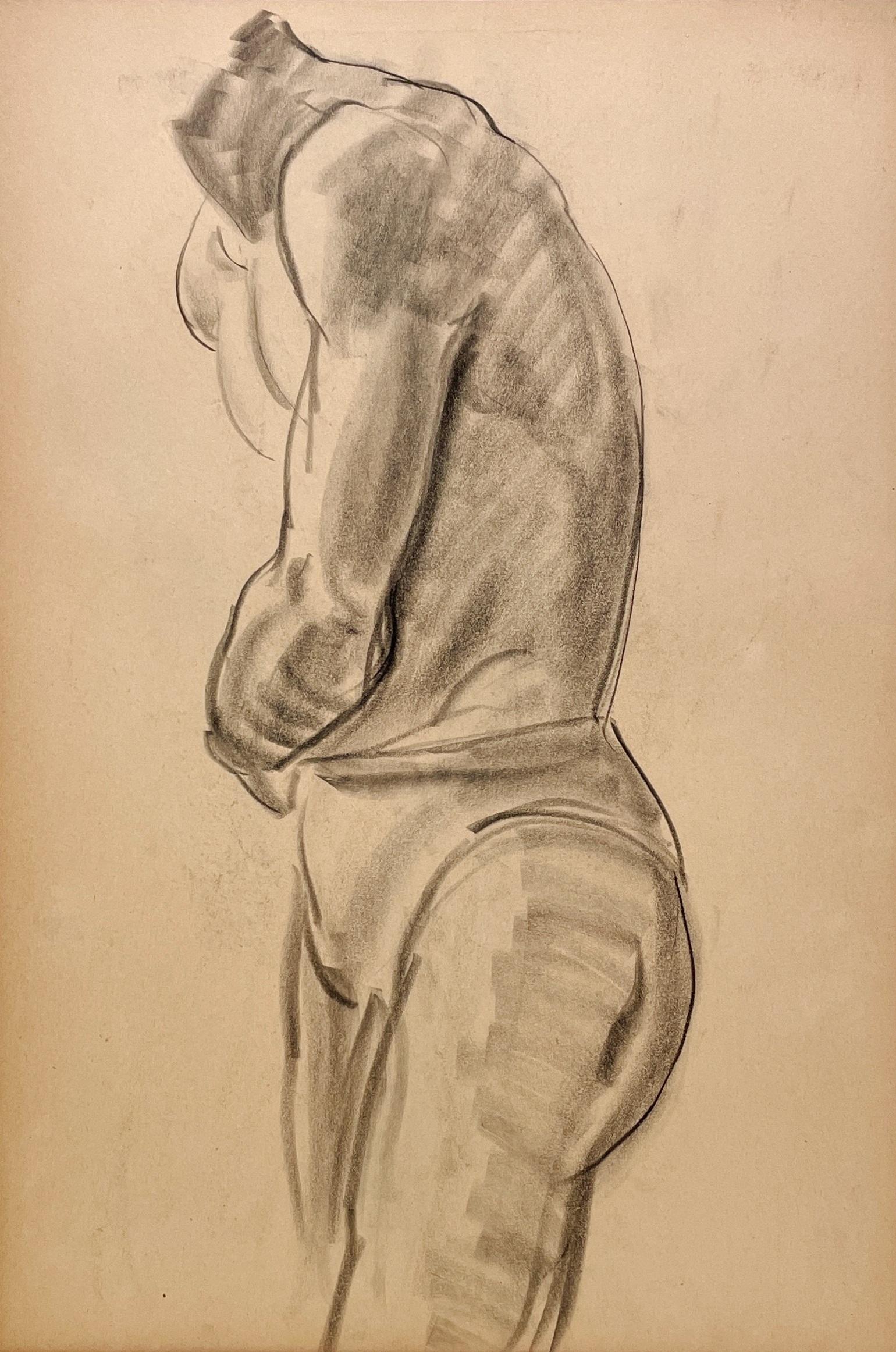 Dessin d'étude de figure académique moderne des années 1930 d'un modèle masculin nu debout - Beige Figurative Art par Harold Haydon
