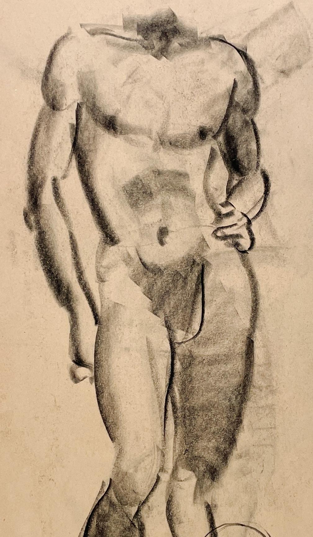Dessin d'étude de figure académique moderne des années 1930 d'un modèle masculin nu debout en vente 2