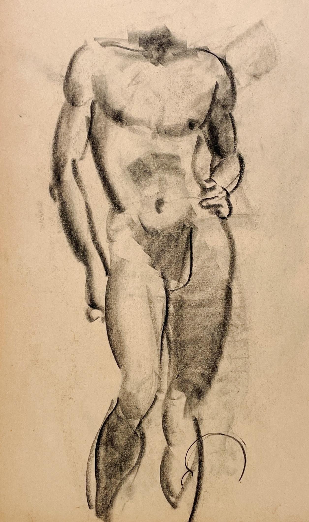 Beau dessin d'étude de figure académique moderne des années 1930 d'un modèle masculin nu debout par le célèbre artiste de Chicago, Harold Haydon (Am. 1909-1994).  Un dessin au fusain exceptionnellement bien exécuté de Haydon, datant du début des