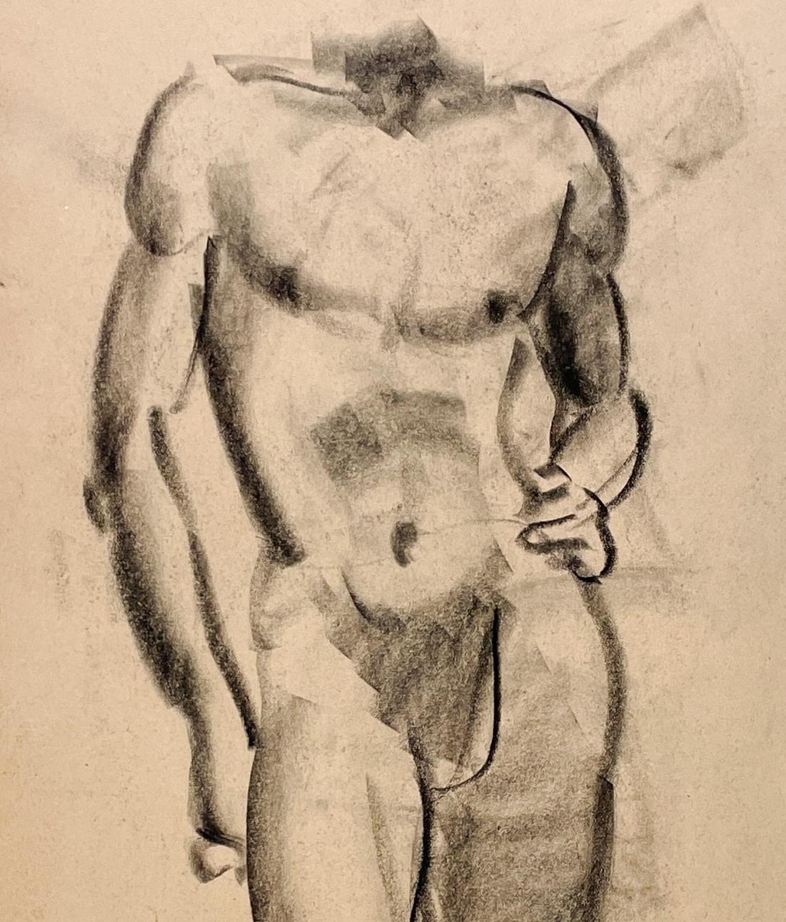 Dessin d'étude de figure académique moderne des années 1930 d'un modèle masculin nu debout en vente 1