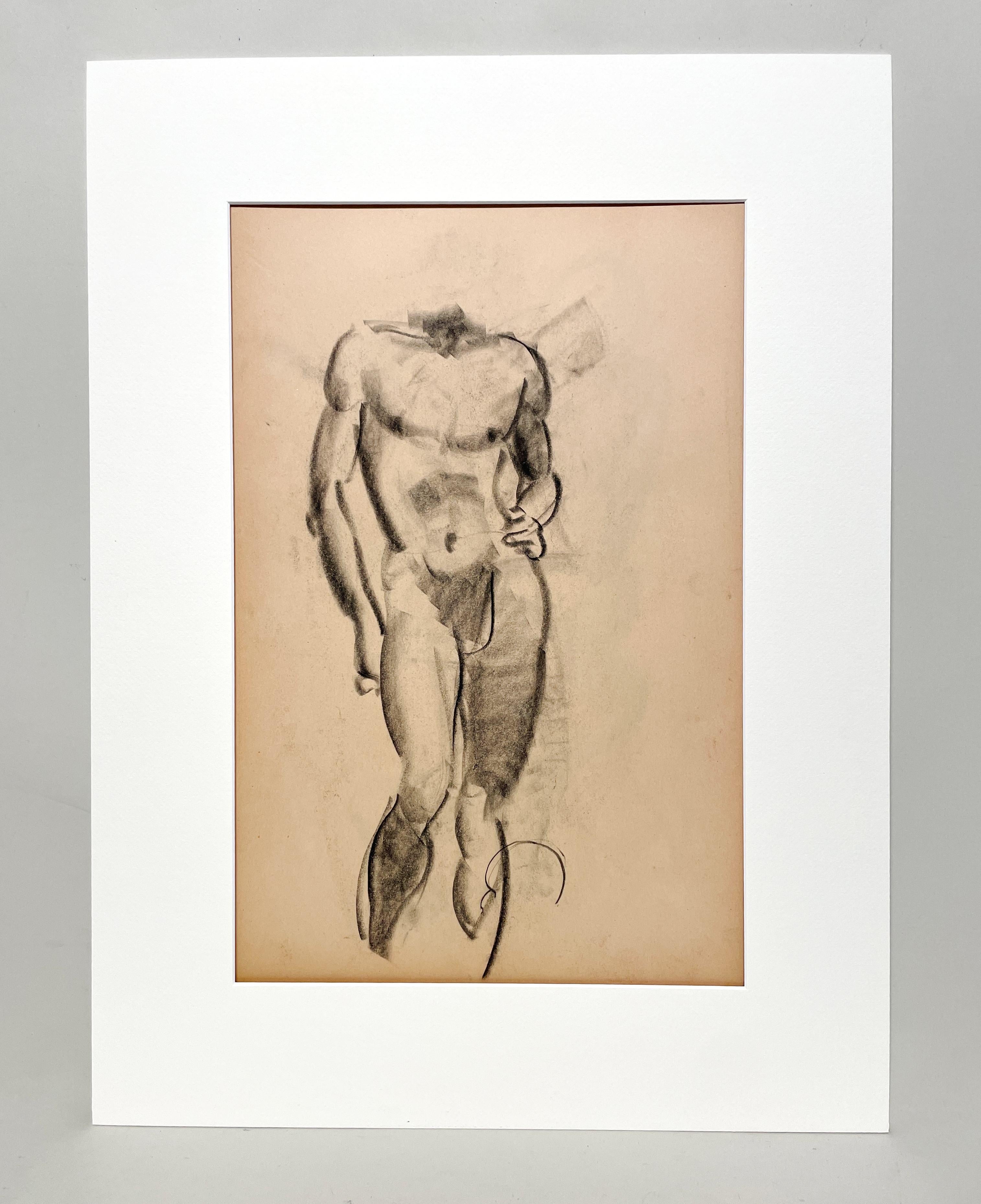 Dessin d'étude de figure académique moderne des années 1930 d'un modèle masculin nu debout - Art de Harold Haydon