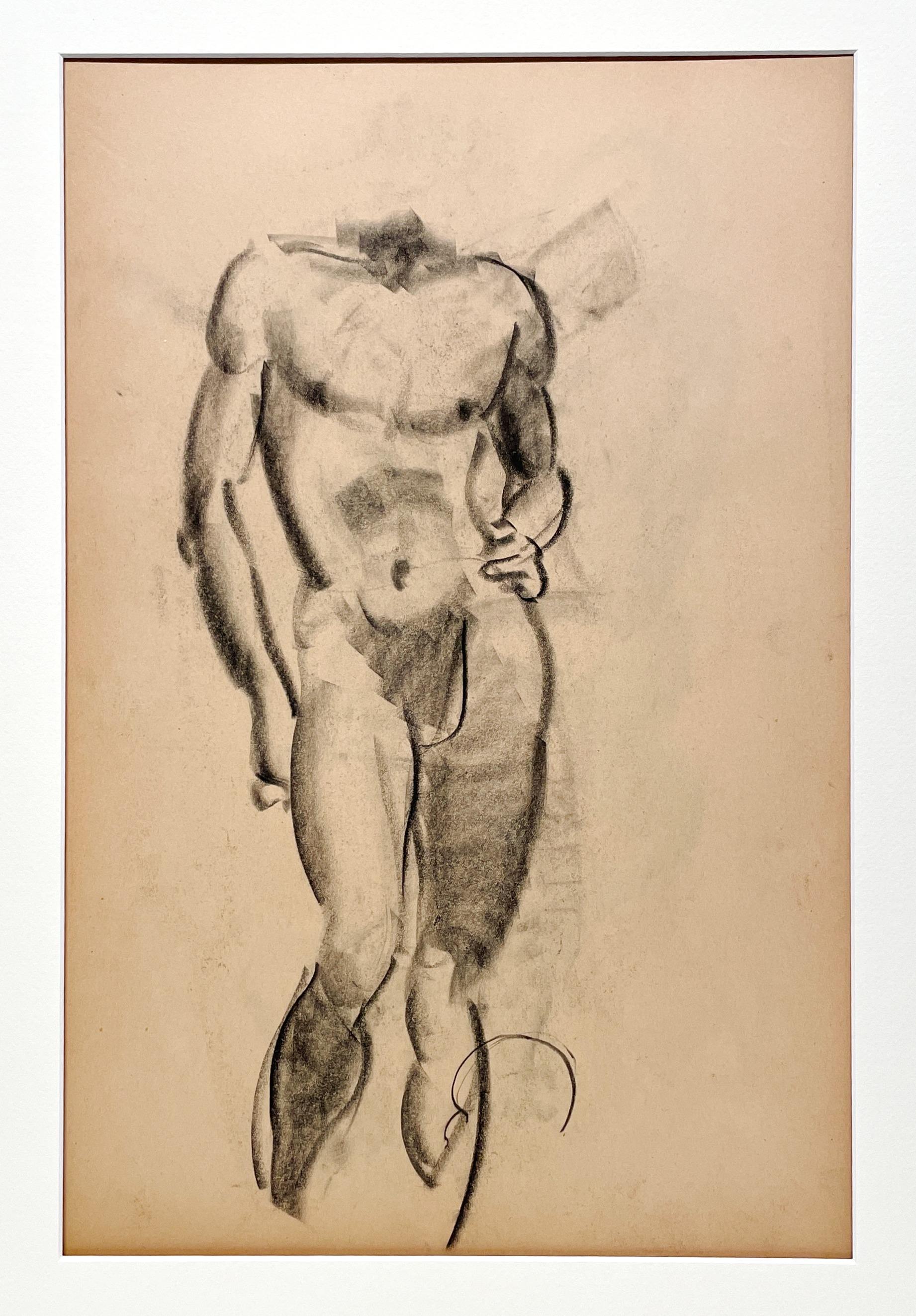 Dessin d'étude de figure académique moderne des années 1930 d'un modèle masculin nu debout - Modernisme américain Art par Harold Haydon