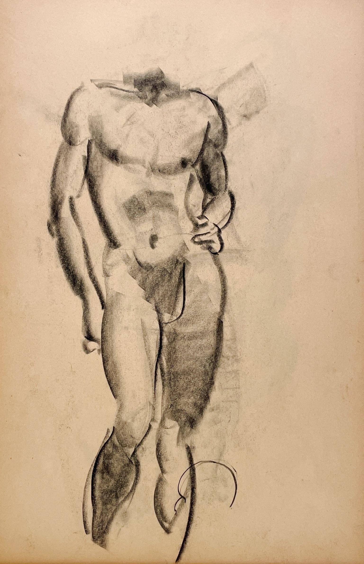 Dessin d'étude de figure académique moderne des années 1930 d'un modèle masculin nu debout - Beige Figurative Art par Harold Haydon