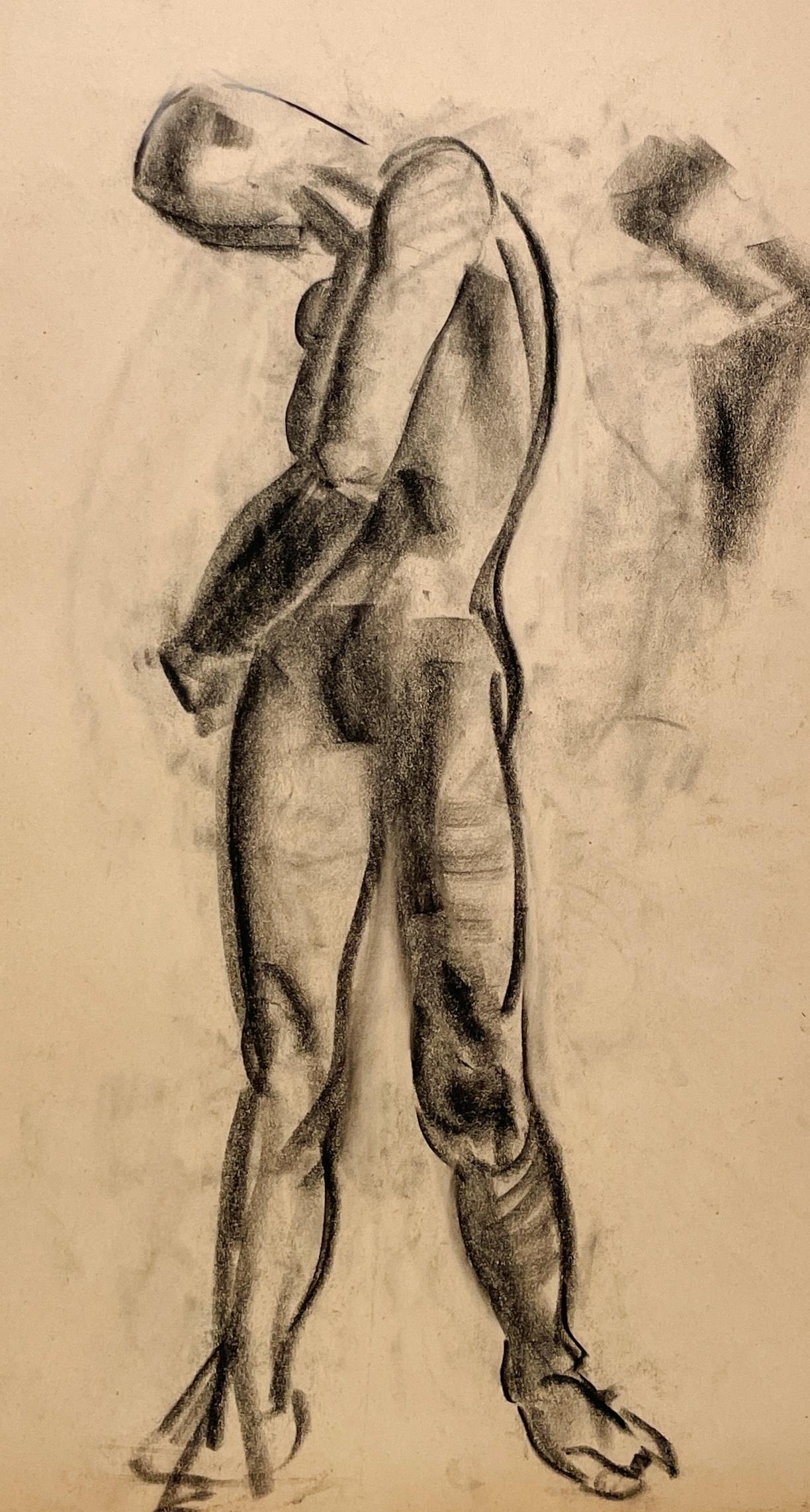 Beau dessin d'étude de figure académique moderne des années 1930 d'un modèle masculin nu debout par le célèbre artiste de Chicago, Harold Haydon (Am. 1909-1994).  Un dessin au fusain exceptionnellement bien exécuté par Haydon au début des années