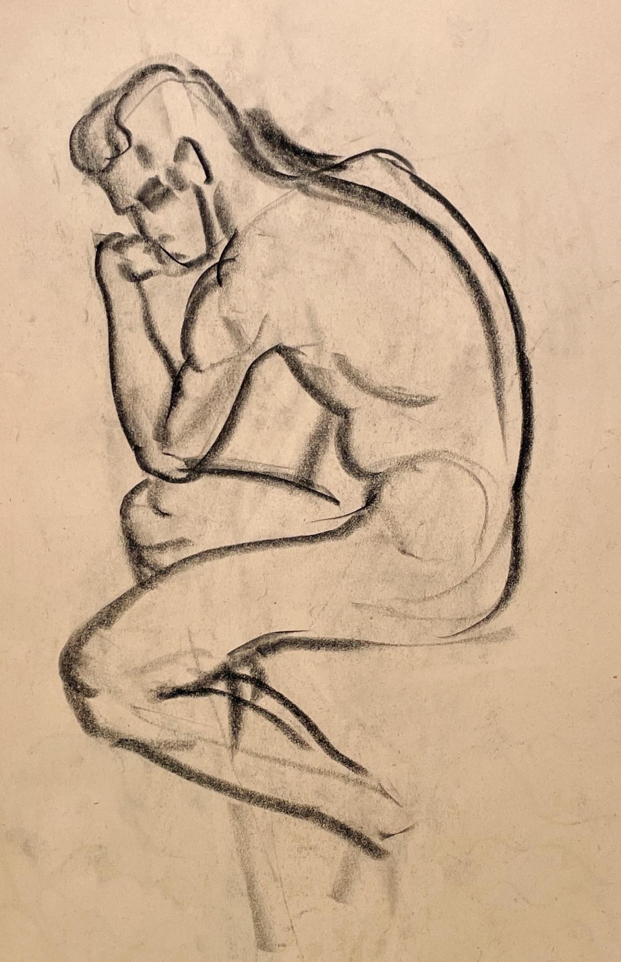 Un raffinato studio di figura accademico moderno degli anni '30 di un giovane modello nudo seduto di Harold Haydon, noto artista di Chicago (Am. 1909-1994).  Un disegno di studio di figura a carboncino dei primi anni '30 di Haydon, eccezionalmente