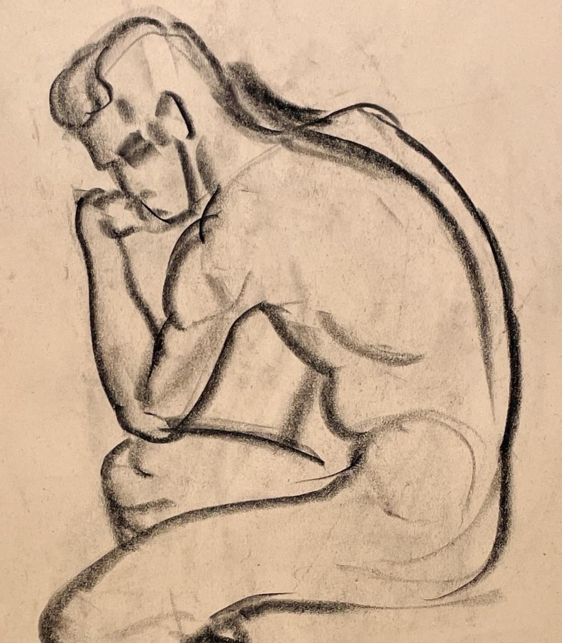 Un raffinato disegno di studio di figura moderna degli anni '30, con un modello di nudo maschile giovane e seduto. in vendita 1