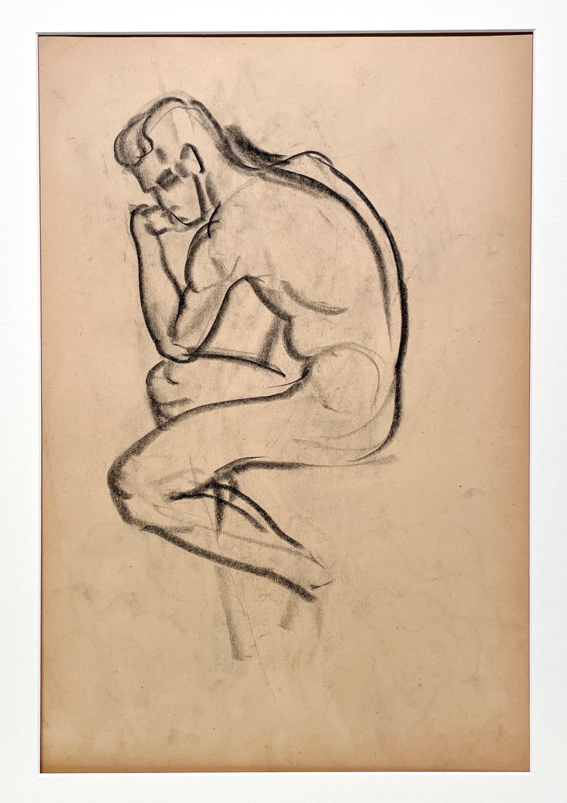 Un raffinato disegno di studio di figura moderna degli anni '30, con un modello di nudo maschile giovane e seduto. - Art American Modern di Harold Haydon