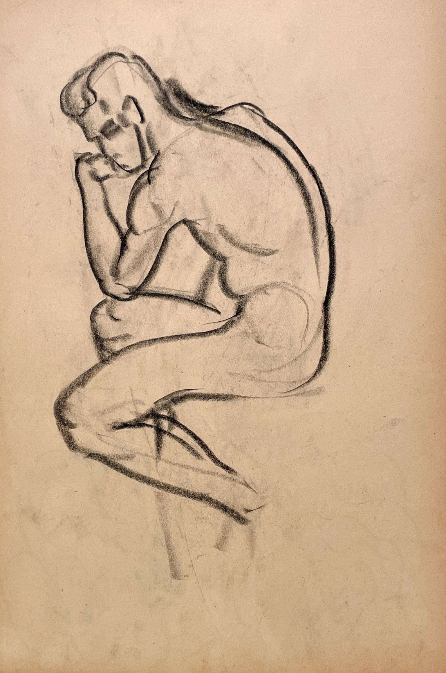 Un raffinato disegno di studio di figura moderna degli anni '30, con un modello di nudo maschile giovane e seduto. - Portrait Beige di Harold Haydon