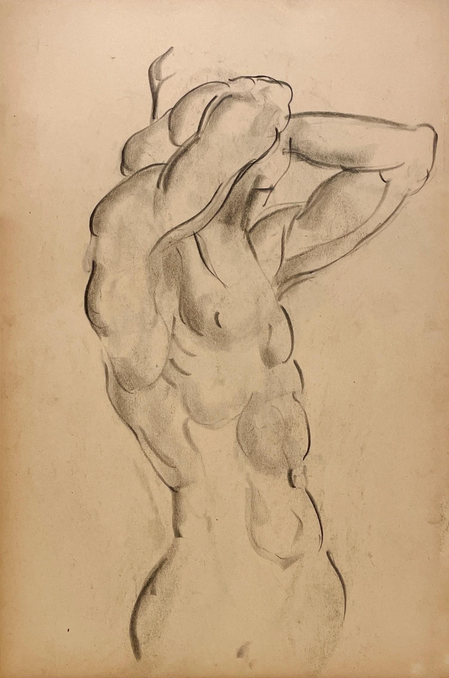 Dessin d'étude de figure académique moderne des années 1930 d'un modèle masculin nu debout