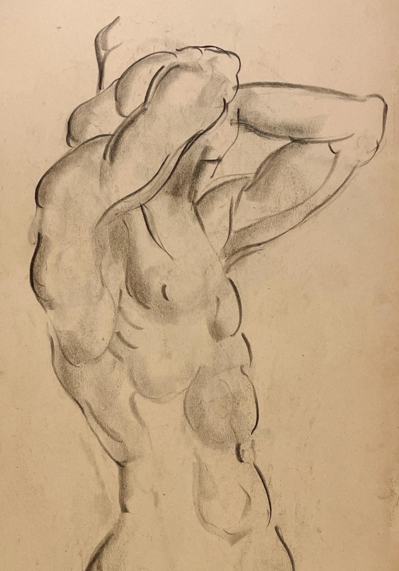 Beau dessin d'étude de figure académique moderne des années 1930 d'un modèle masculin nu debout par le célèbre artiste de Chicago, Harold Haydon (Am. 1909-1994).  Un dessin au fusain exceptionnellement bien exécuté de Haydon, datant du début des