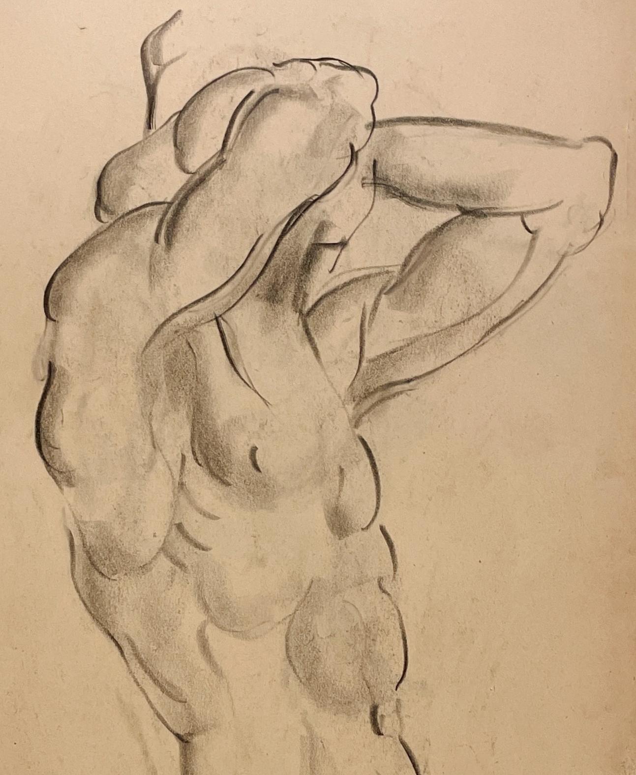 Dessin d'étude de figure académique moderne des années 1930 d'un modèle masculin nu debout en vente 1
