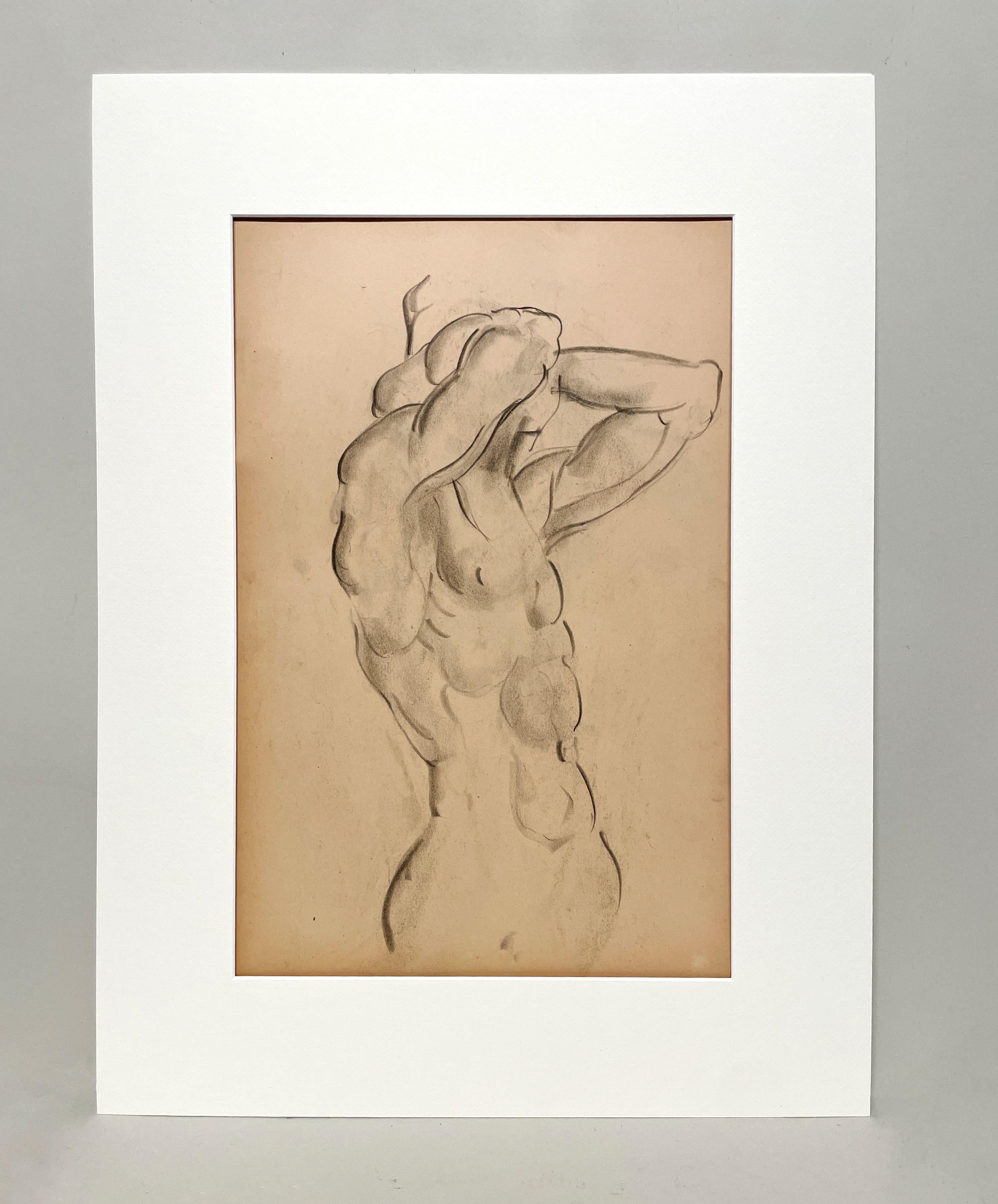 Dessin d'étude de figure académique moderne des années 1930 d'un modèle masculin nu debout - Art de Harold Haydon