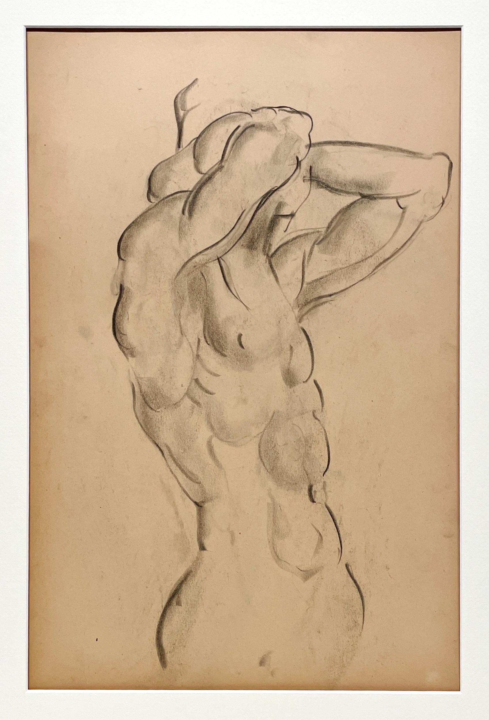 Dessin d'étude de figure académique moderne des années 1930 d'un modèle masculin nu debout - Modernisme américain Art par Harold Haydon
