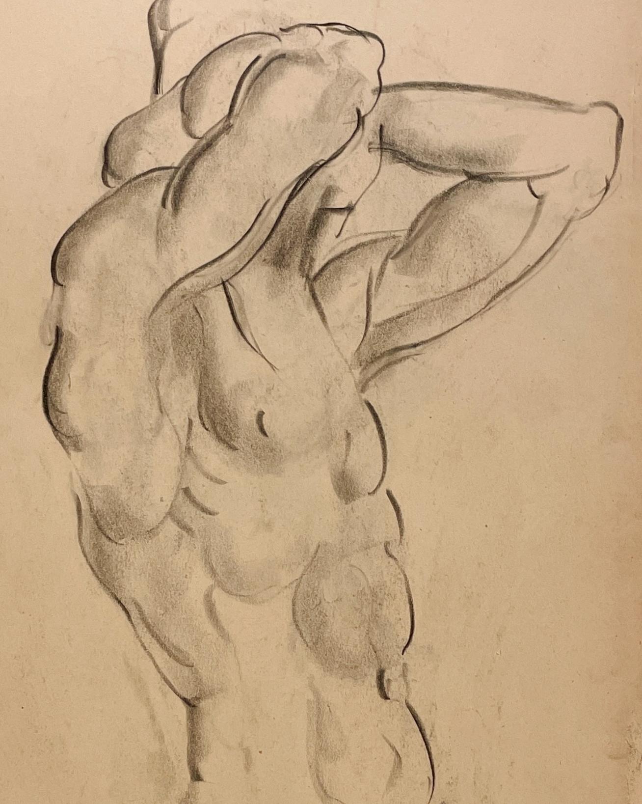Dessin d'étude de figure académique moderne des années 1930 d'un modèle masculin nu debout en vente 2