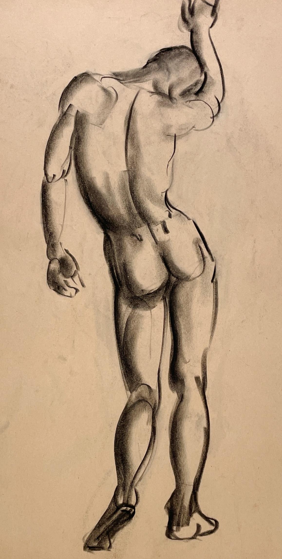 Dibujo de estudio de una figura académica moderna de los años 30, de un modelo desnudo masculino de pie (de espaldas), del famoso artista de Chicago Harold Haydon (Am. 1909-1994).  Un dibujo a carboncillo de Haydon, de principios de los años 30,