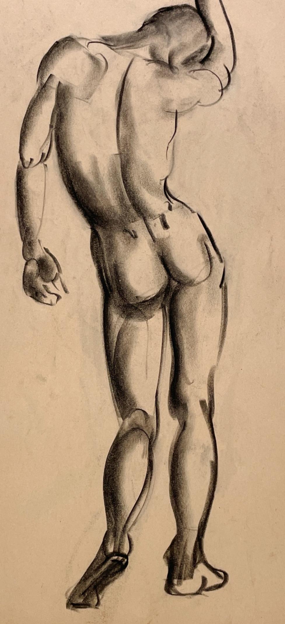Dibujo de estudio de una figura académica moderna de los años 30, desnudo masculino de pie (reverso) en venta 2