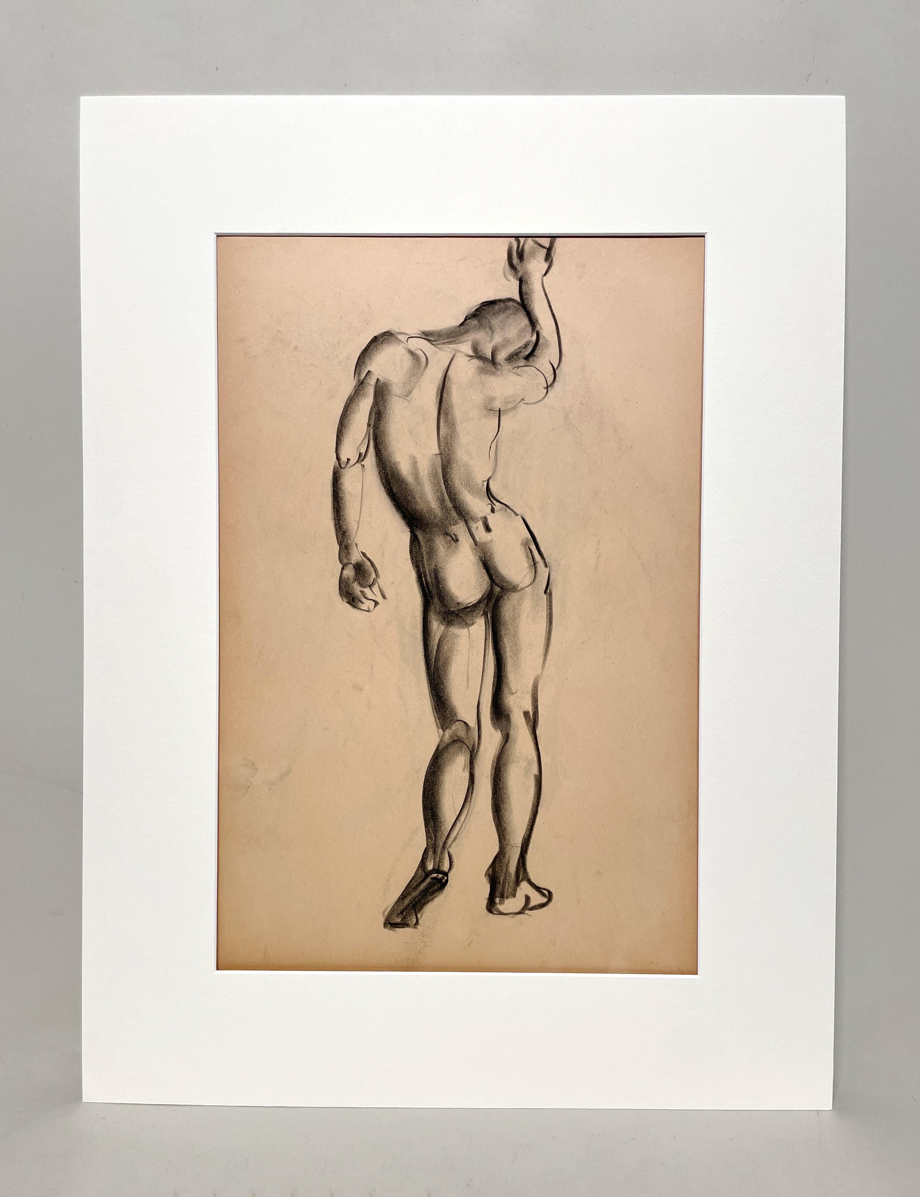 Dibujo de estudio de una figura académica moderna de los años 30, desnudo masculino de pie (reverso) - Art de Harold Haydon