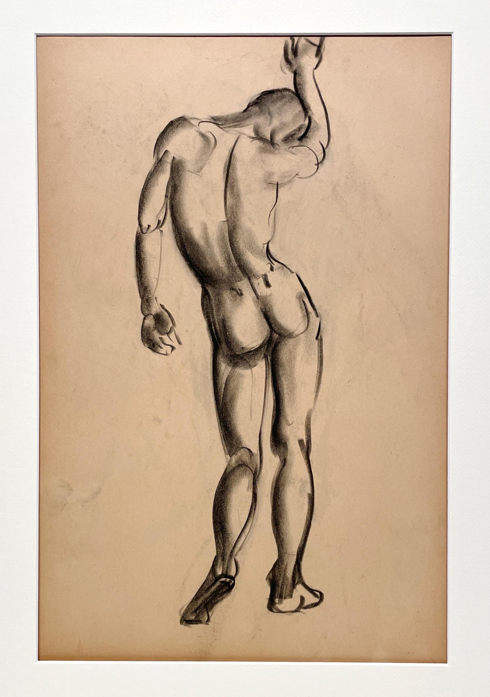 Dibujo de estudio de una figura académica moderna de los años 30, desnudo masculino de pie (reverso) - Art moderno estadounidense de Harold Haydon