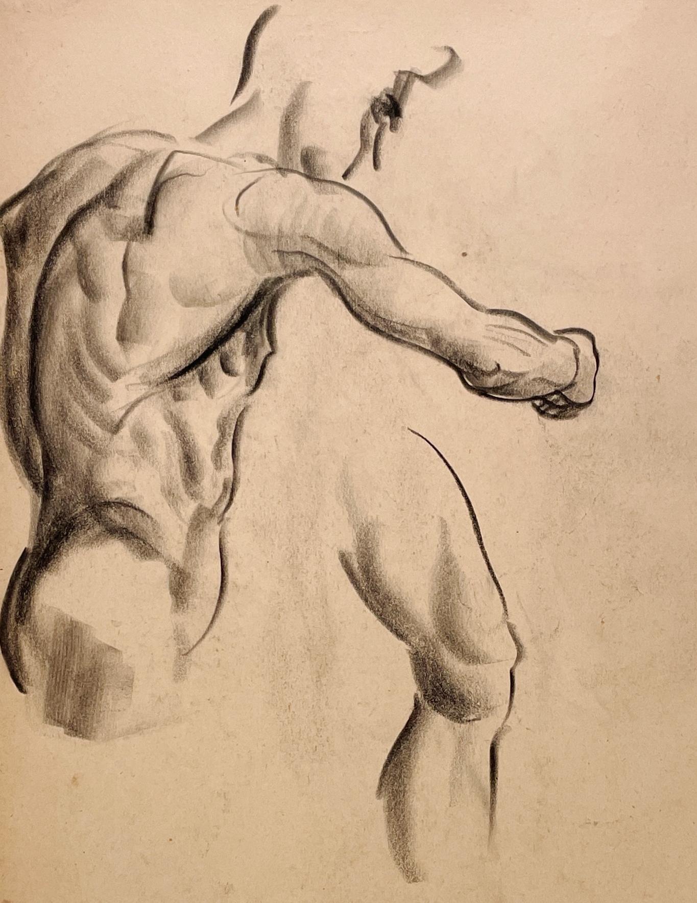 Beau dessin d'étude de figure académique moderne des années 1930 d'un modèle masculin nu debout par le célèbre artiste de Chicago, Harold Haydon (Am. 1909-1994).  Exceptionnellement bien exécuté, ce dessin au fusain réalisé par Artistics au début