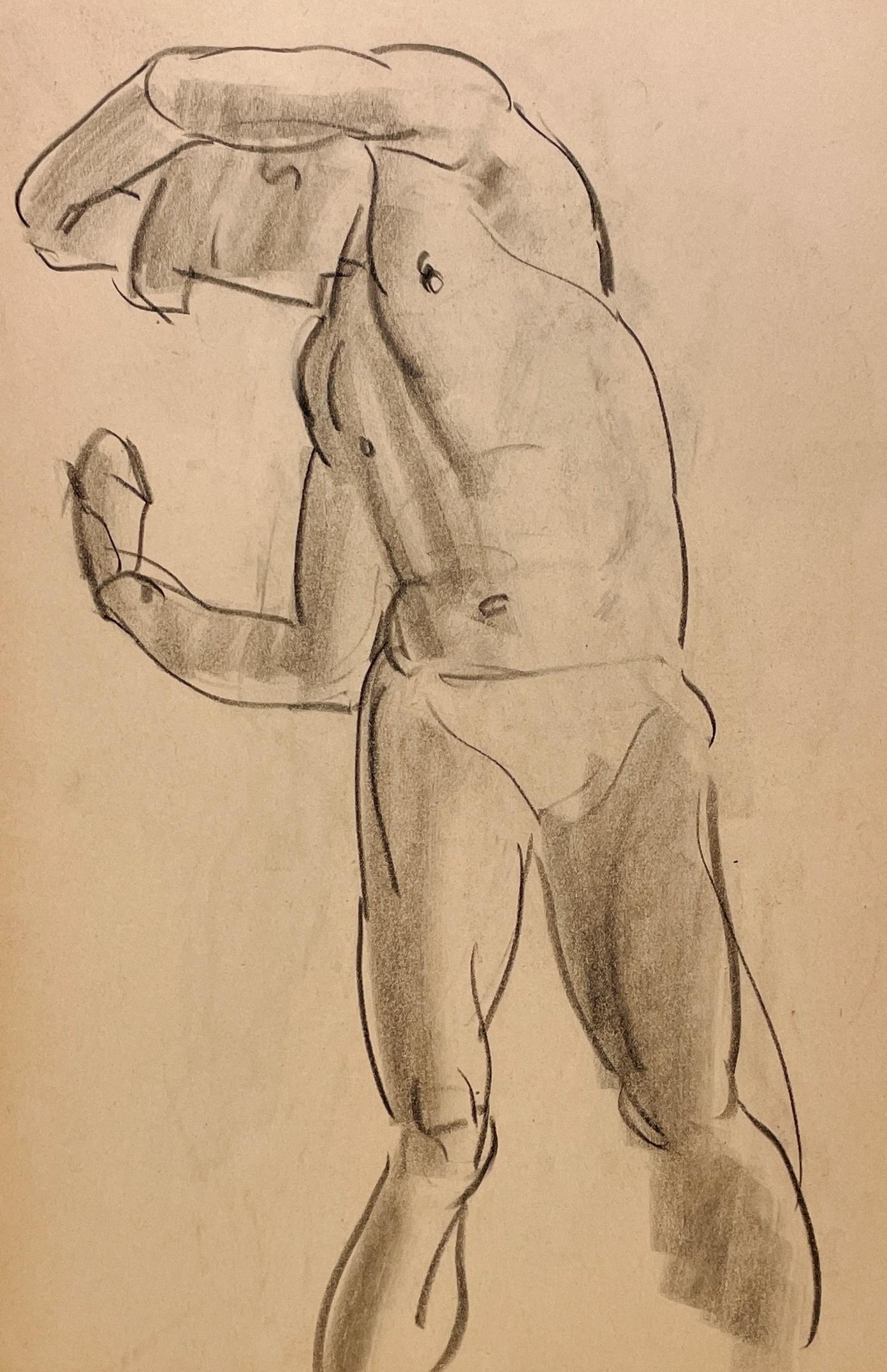 Un raffinato disegno di studio di figura accademica moderna degli anni '30 di un modello di nudo maschile in piedi del noto artista di Chicago Harold Haydon (Am. 1909-1994).  Un disegno a carboncino di Haydon dei primi anni '30, eccezionalmente ben