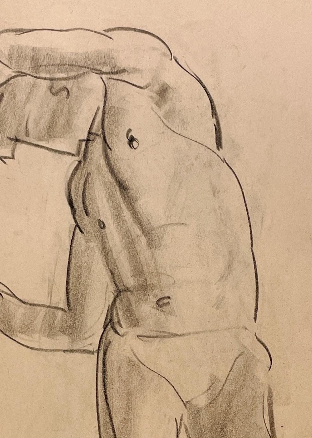 Un raffinato disegno accademico degli anni '30 di un modello di nudo maschile in piedi. in vendita 2