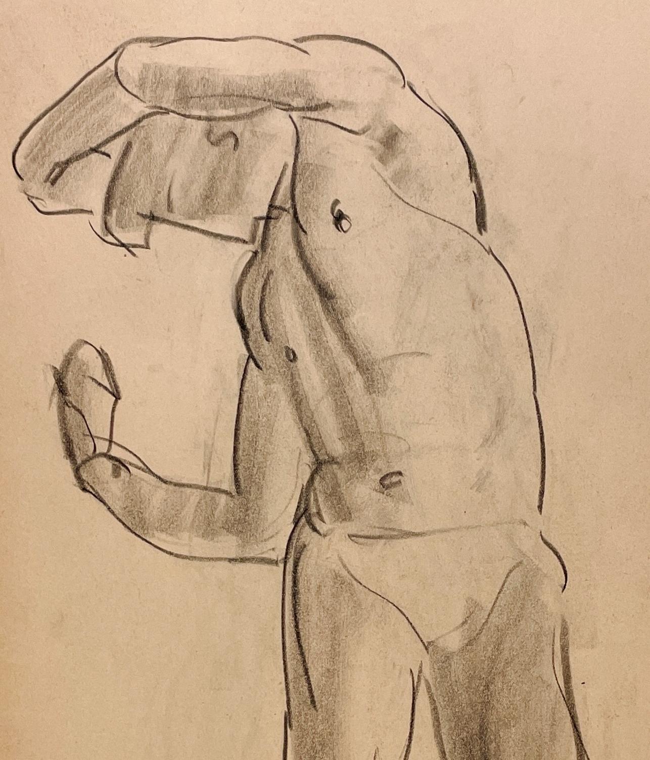 Un raffinato disegno accademico degli anni '30 di un modello di nudo maschile in piedi. in vendita 1