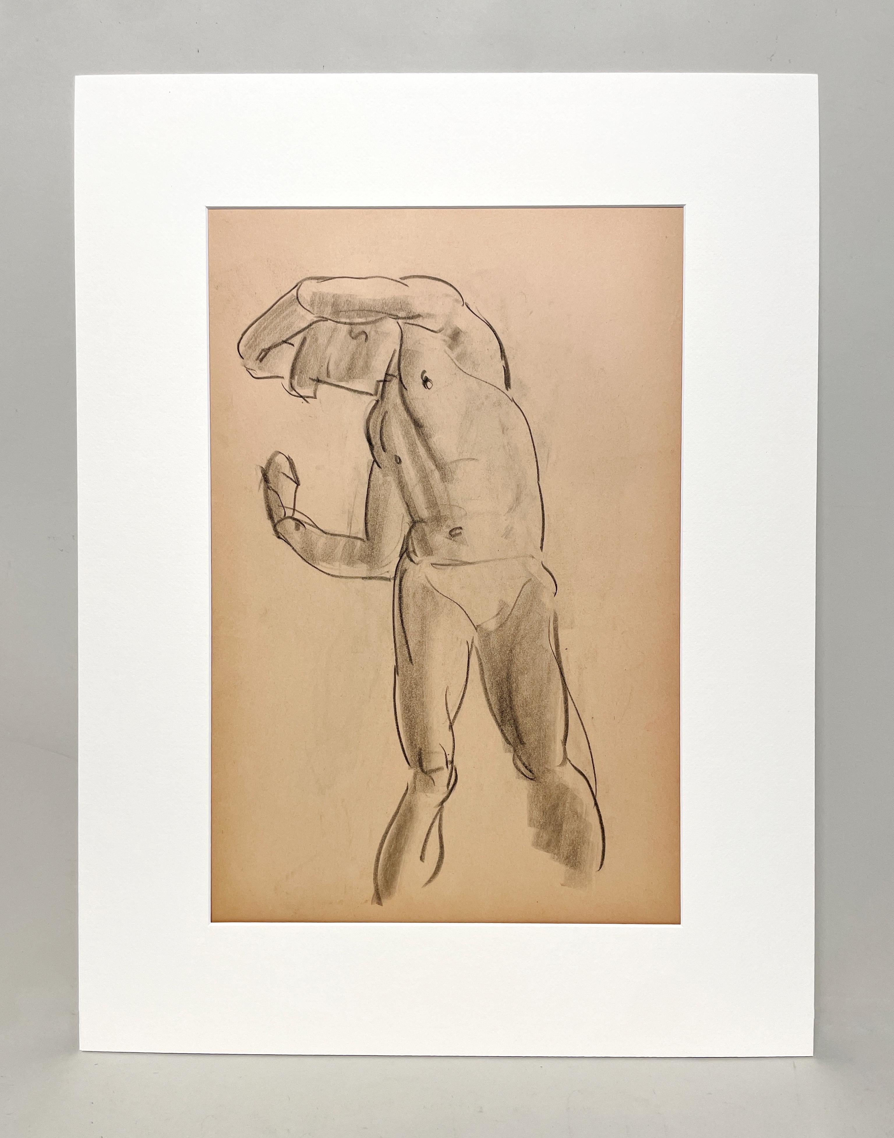 Un raffinato disegno accademico degli anni '30 di un modello di nudo maschile in piedi. - Art di Harold Haydon