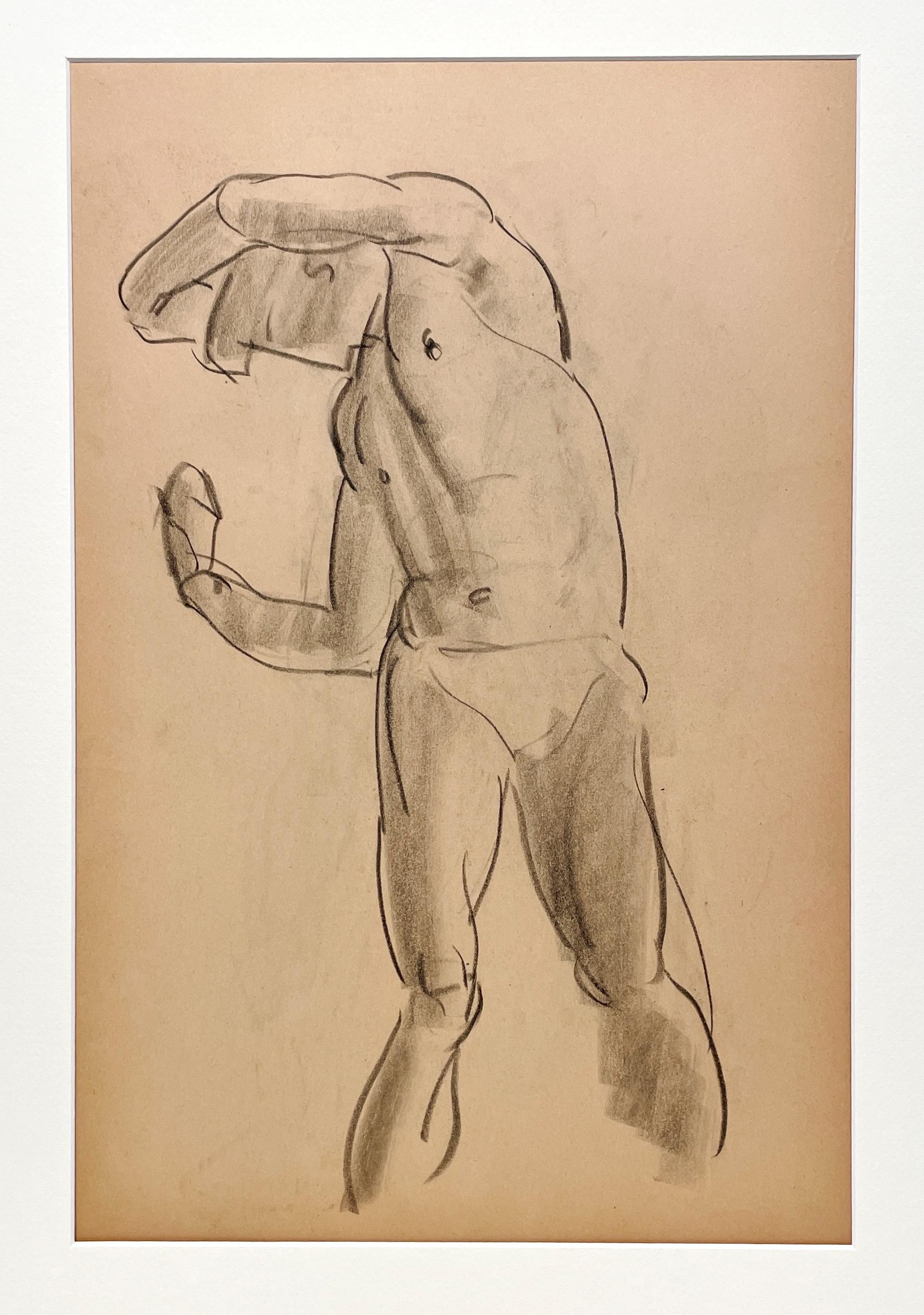 Un raffinato disegno accademico degli anni '30 di un modello di nudo maschile in piedi. - Art American Modern di Harold Haydon