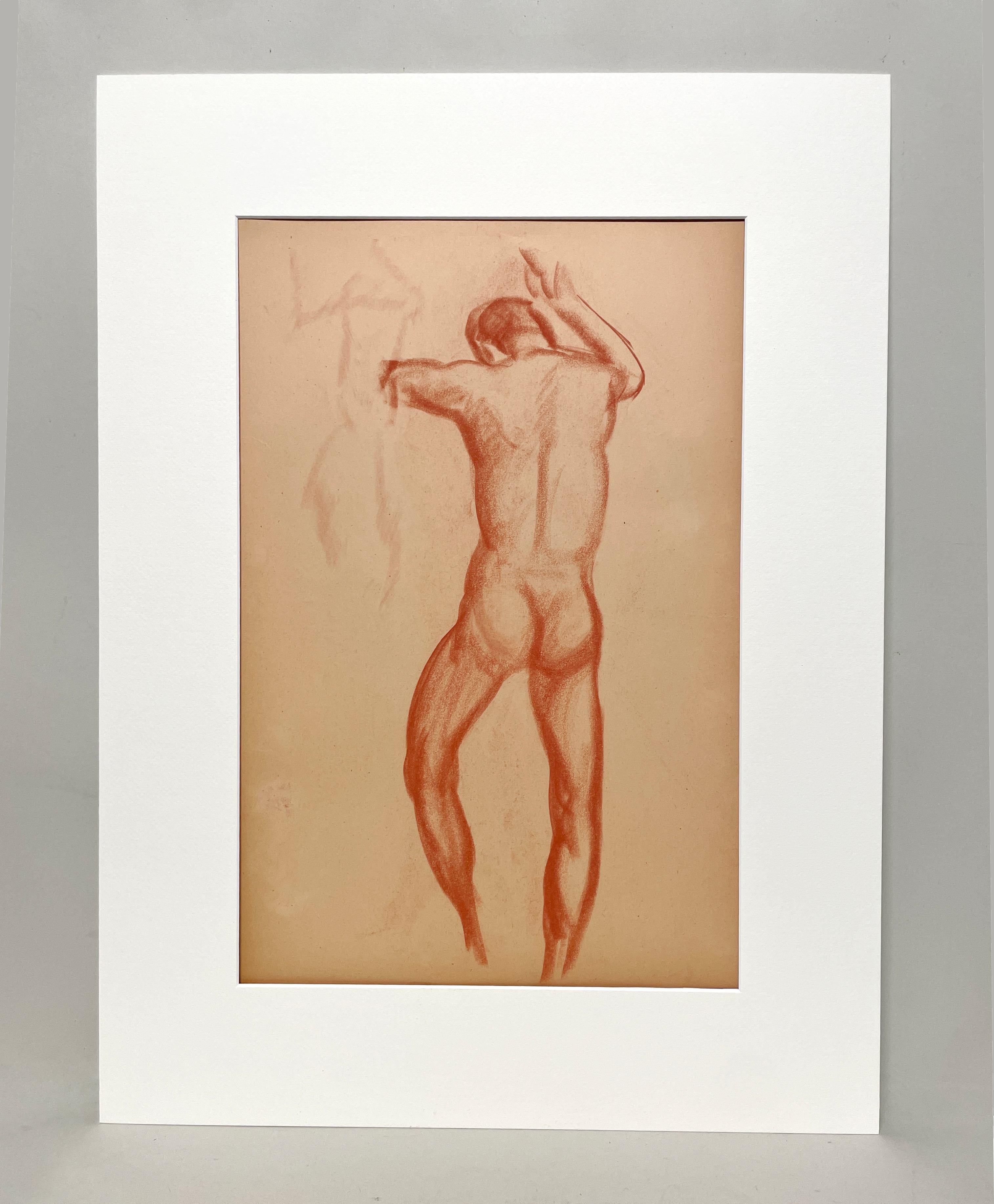 Un raffinato pastello accademico moderno degli anni '30 con studio di un nudo maschile in piedi (retro) - Art di Harold Haydon