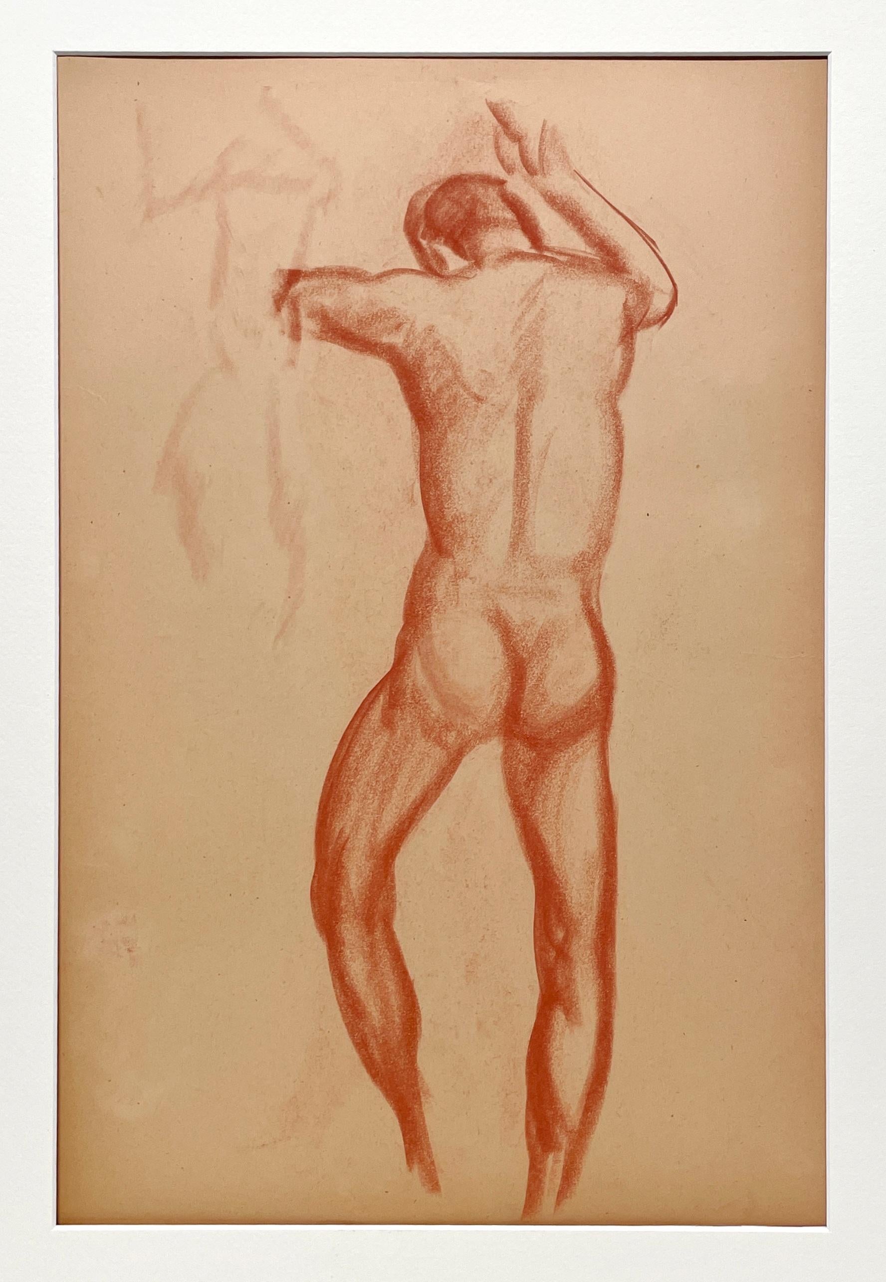 Un raffinato pastello accademico moderno degli anni '30 con studio di un nudo maschile in piedi (retro) - Art American Modern di Harold Haydon