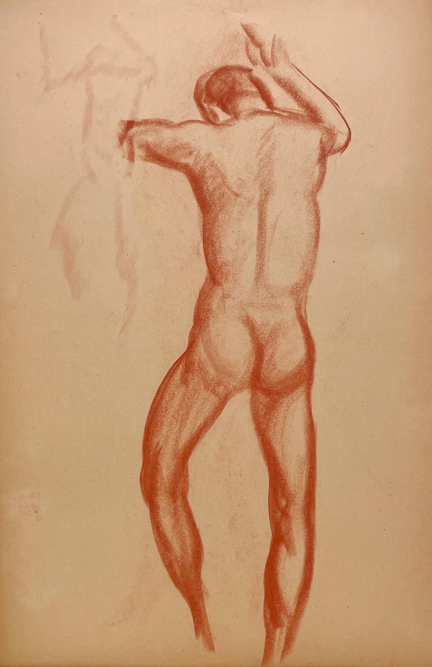 Un raffinato pastello accademico moderno degli anni '30 con studio di un nudo maschile in piedi (retro) - Figurative Art Beige di Harold Haydon