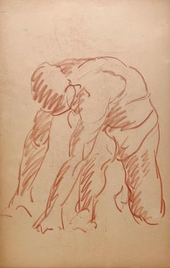Eine schöne moderne akademische Pastellstudie eines knienden männlichen Aktmodells aus den 1930er Jahren