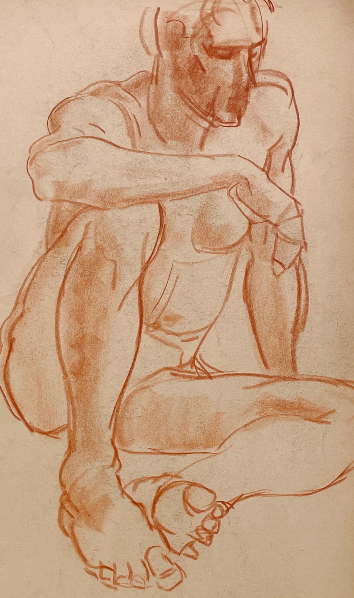 Fino estudio al pastel académico moderno de los años 30 de un modelo masculino desnudo sentado en venta 1