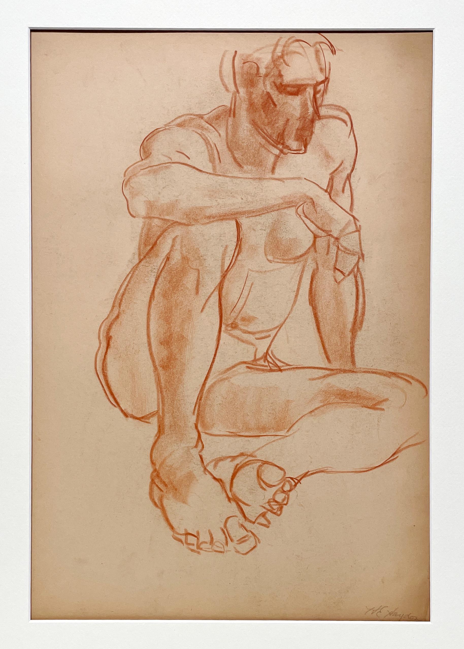 Fino estudio al pastel académico moderno de los años 30 de un modelo masculino desnudo sentado - Art moderno estadounidense de Harold Haydon