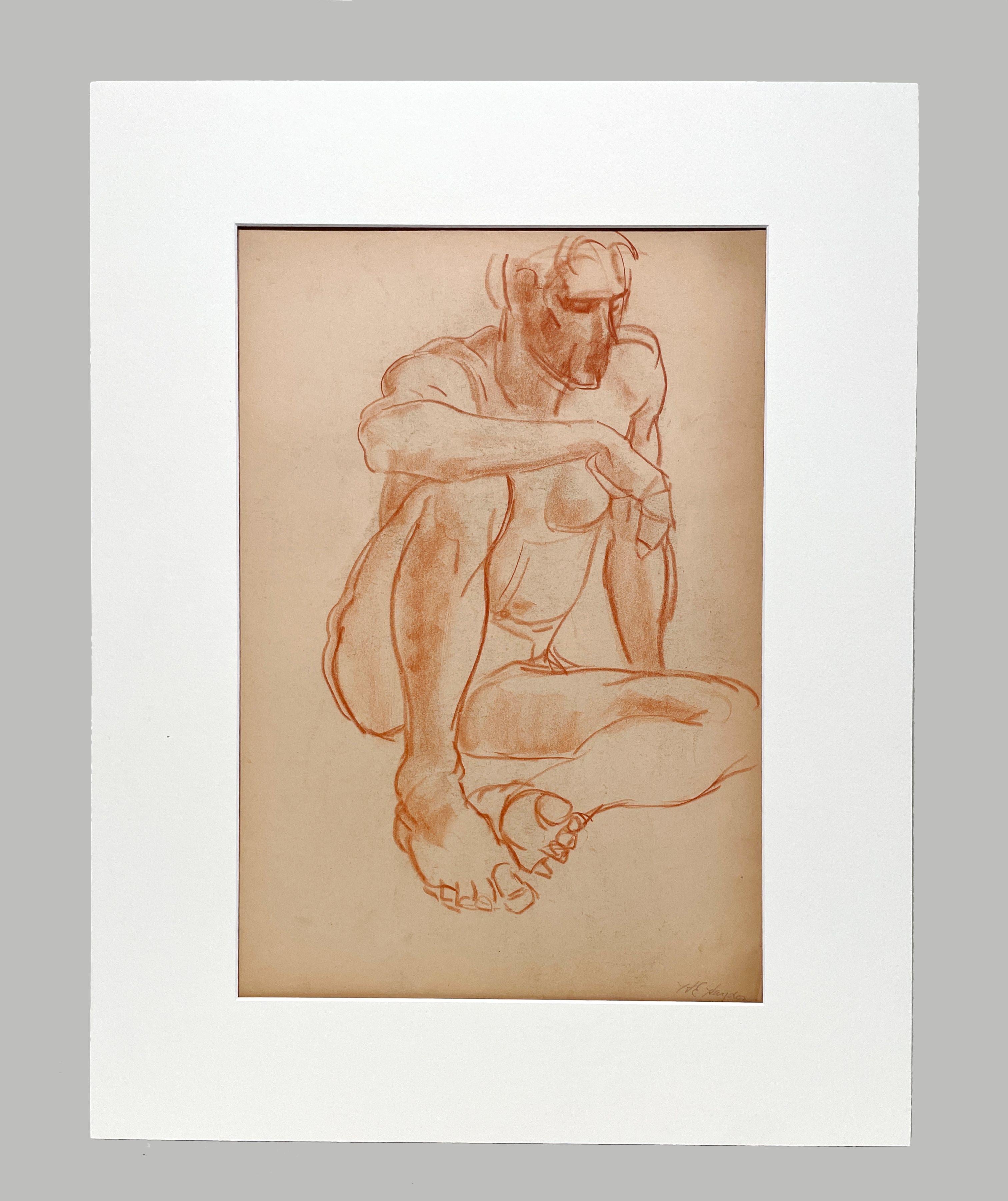 Fino estudio al pastel académico moderno de los años 30 de un modelo masculino desnudo sentado - Art de Harold Haydon