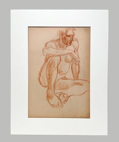 Un raffinato pastello accademico moderno degli anni '30 che raffigura un modello di nudo maschile seduto.