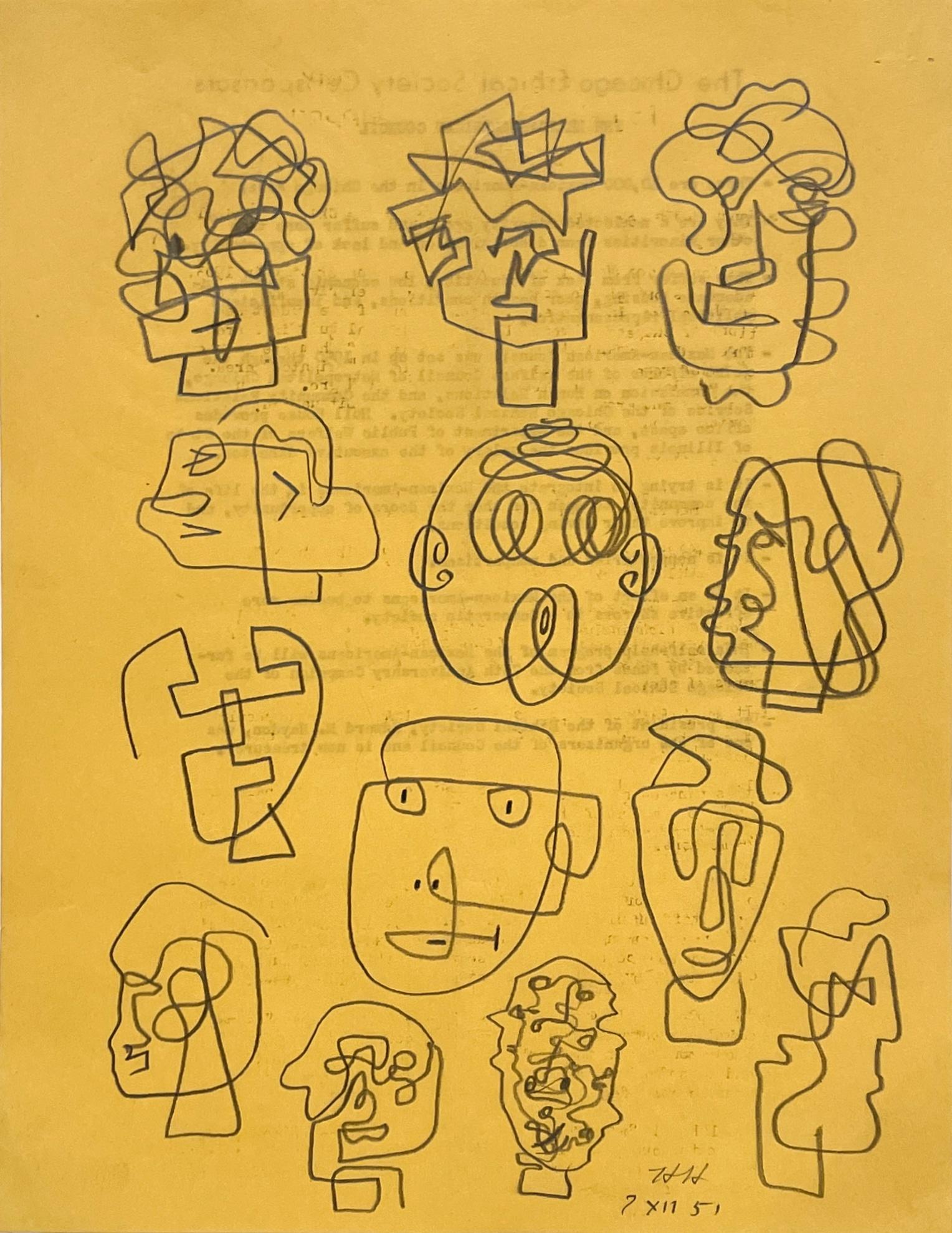 Harold Haydon Figurative Art - A Whimsical 1950s Mid-Century Modern Abstract Portrait Study, Composite Drawings